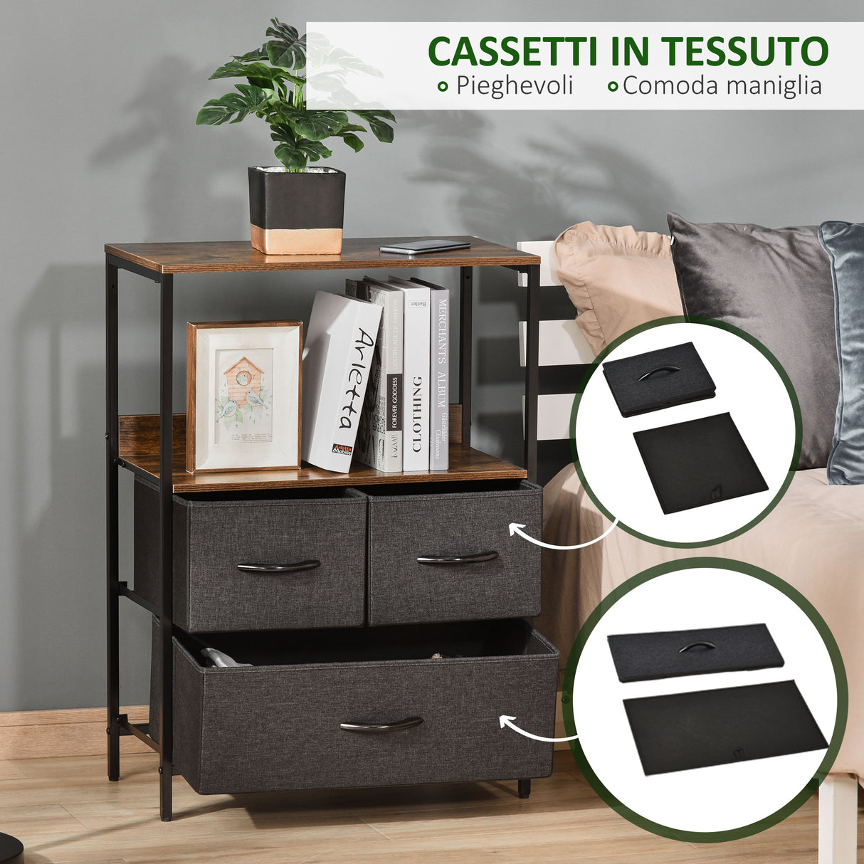 easycomfort easycomfort mobile cassettiera multiuso con 3 cassetti in tessuto 58x29x81.5cm marrone