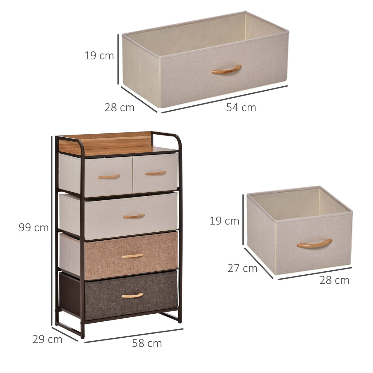 easycomfort easycomfort cassettiera 5 cassetti in tessuto e ripiano rigido 58x29x99cm legno
