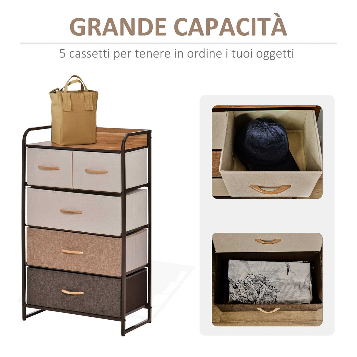 easycomfort easycomfort cassettiera 5 cassetti in tessuto e ripiano rigido 58x29x99cm legno