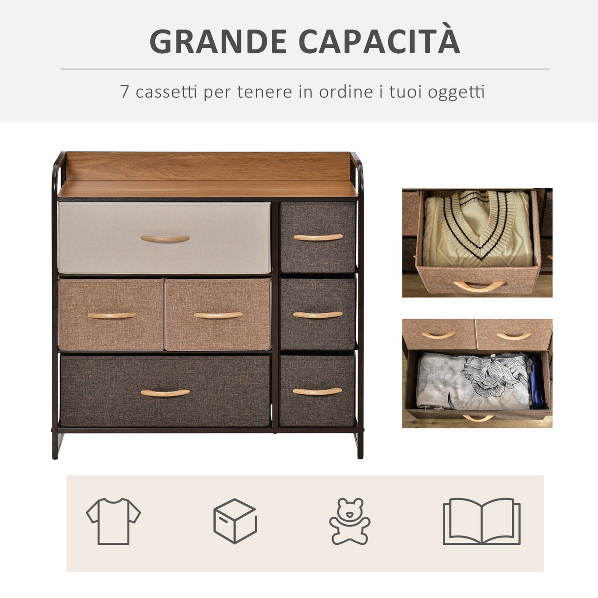 easycomfort easycomfort cassettiera 7 cassetti in tessuto 80x29x78.5cm legno