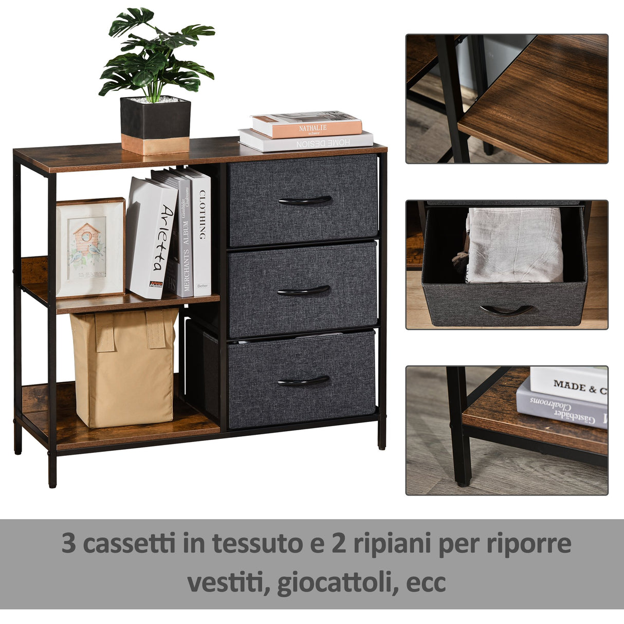 easycomfort easycomfort mobile cassettiera multiuso con cassetti in tessuto 80x29x71cm marrone