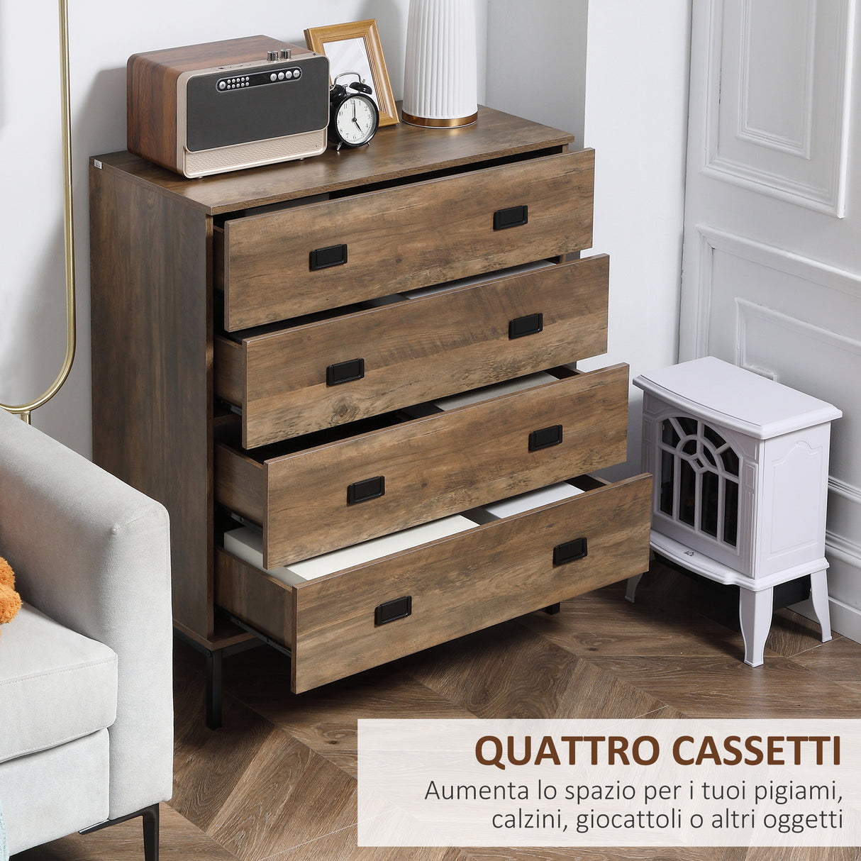 easycomfort easycomfort cassettiera 4 cassetti in truciolato e metallo per soggiorno e camera da letto 80x39x95 cm marrone
