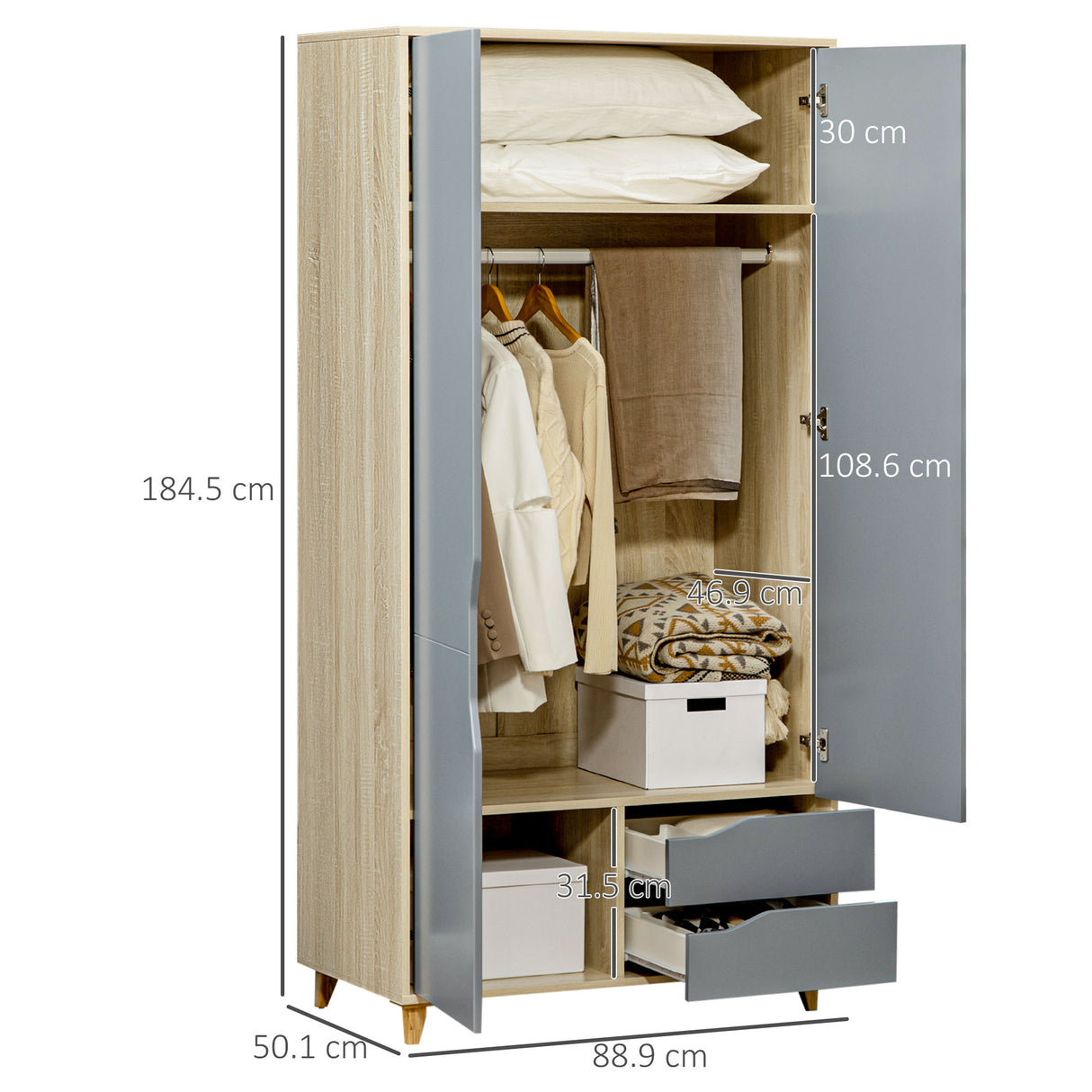 easycomfort easycomfort guardaroba a 2 ante in truciolato e mdf con 3 ripiani e 2 cassetti 88 9x50 1x184 5 cm