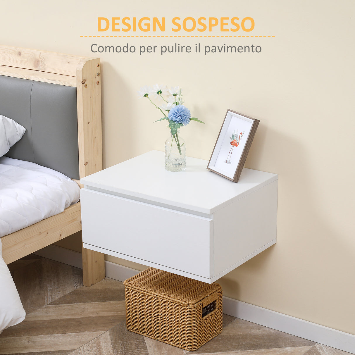 easycomfort easycomfort comodino set 2 pezzi con cassetto e design sospeso in truciolato e mdf 49x38x23 cm bianco