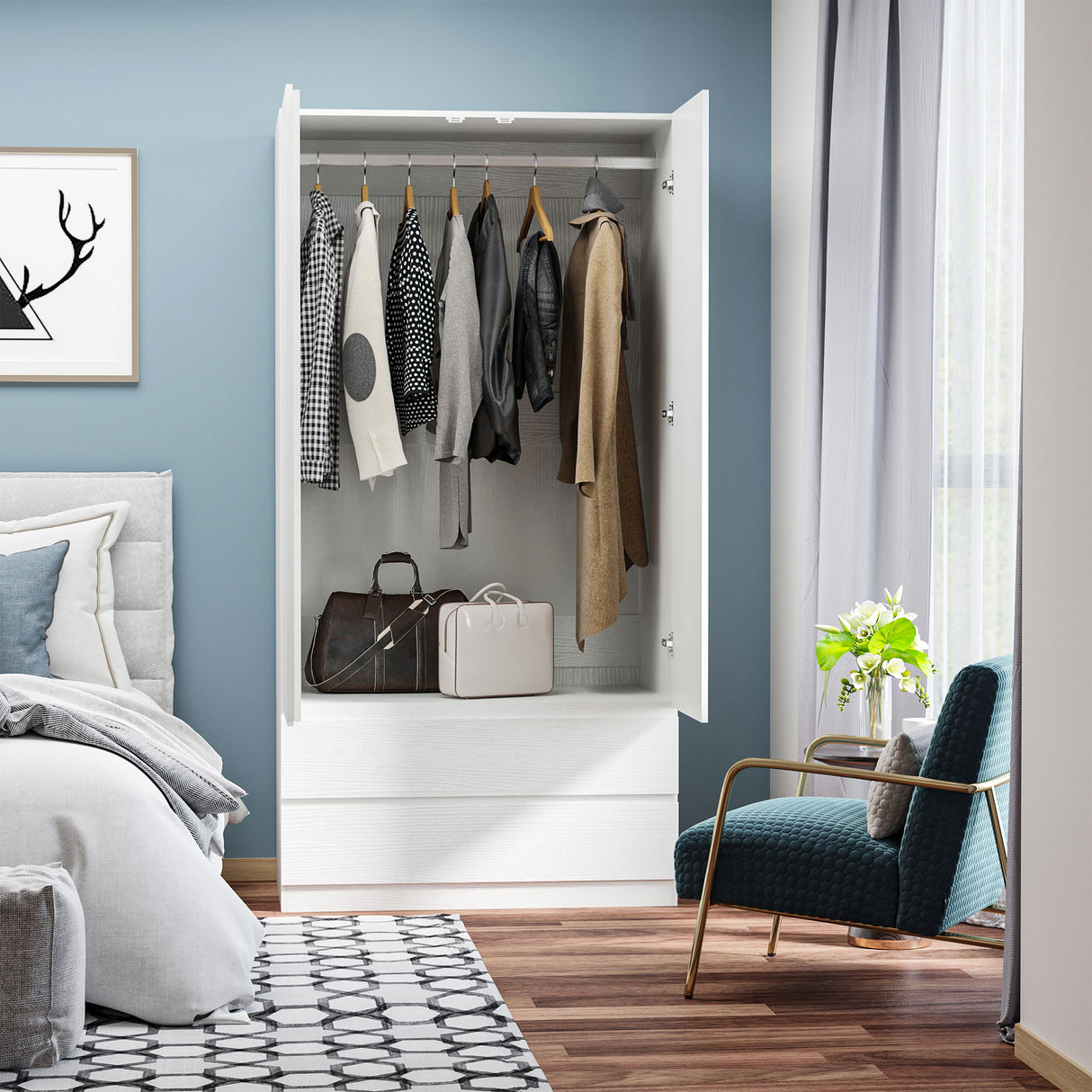 easycomfort easycomfort armadio guardaroba in truciolato bianco con appendiabiti e 2 cassetti scorrevoli per camere da letto 100x60x200 cm