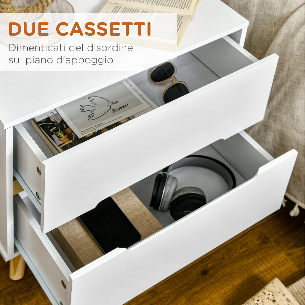 easycomfort easycomfort comodino moderno con 2 cassetti in truciolato e gambe in legno di pino 50lx40px50 5a cm bianco