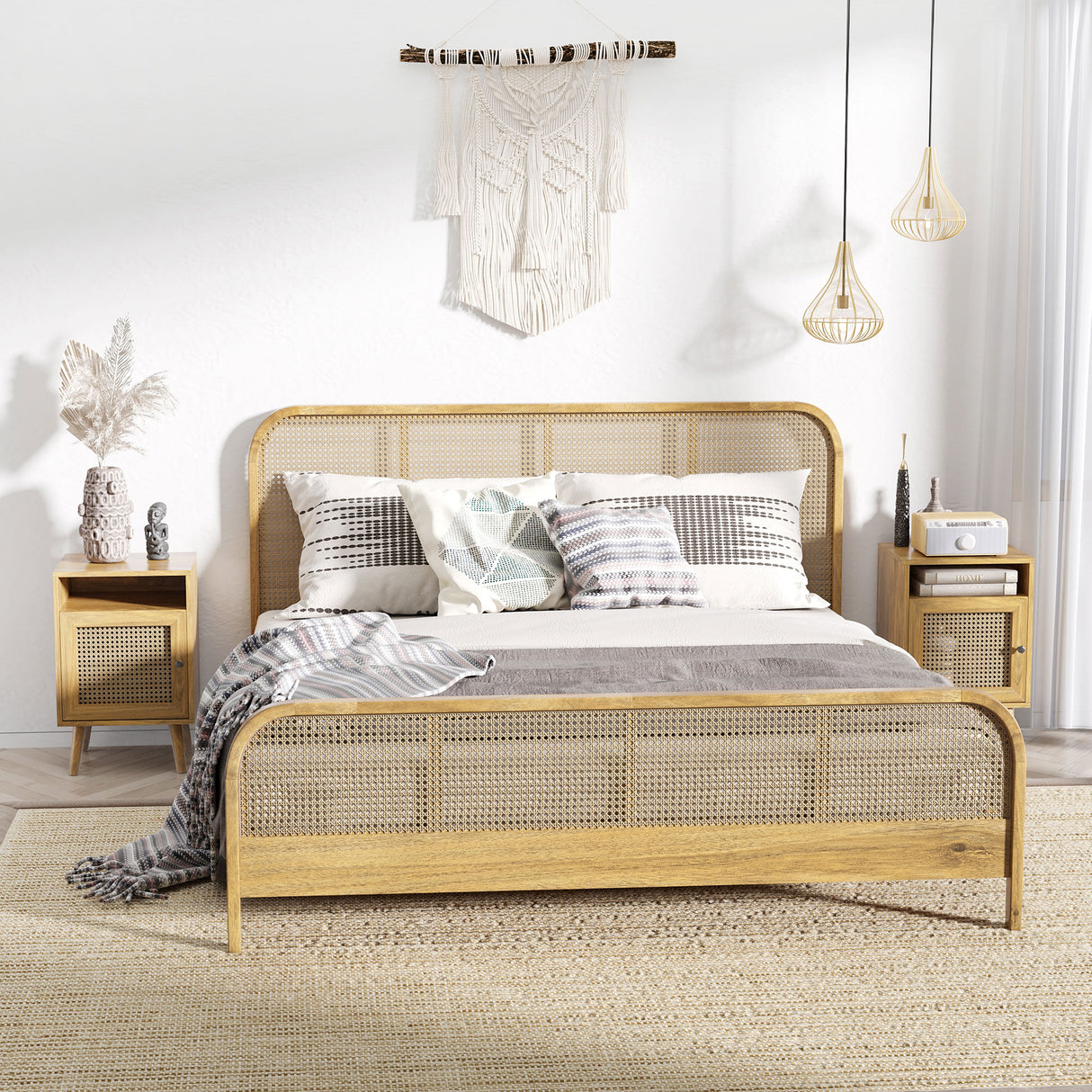 easycomfort easycomfort set 2 comodini in stile boho con armadietto e ripiano aperto in truciolato rattan e mdf 39x35x60 cm