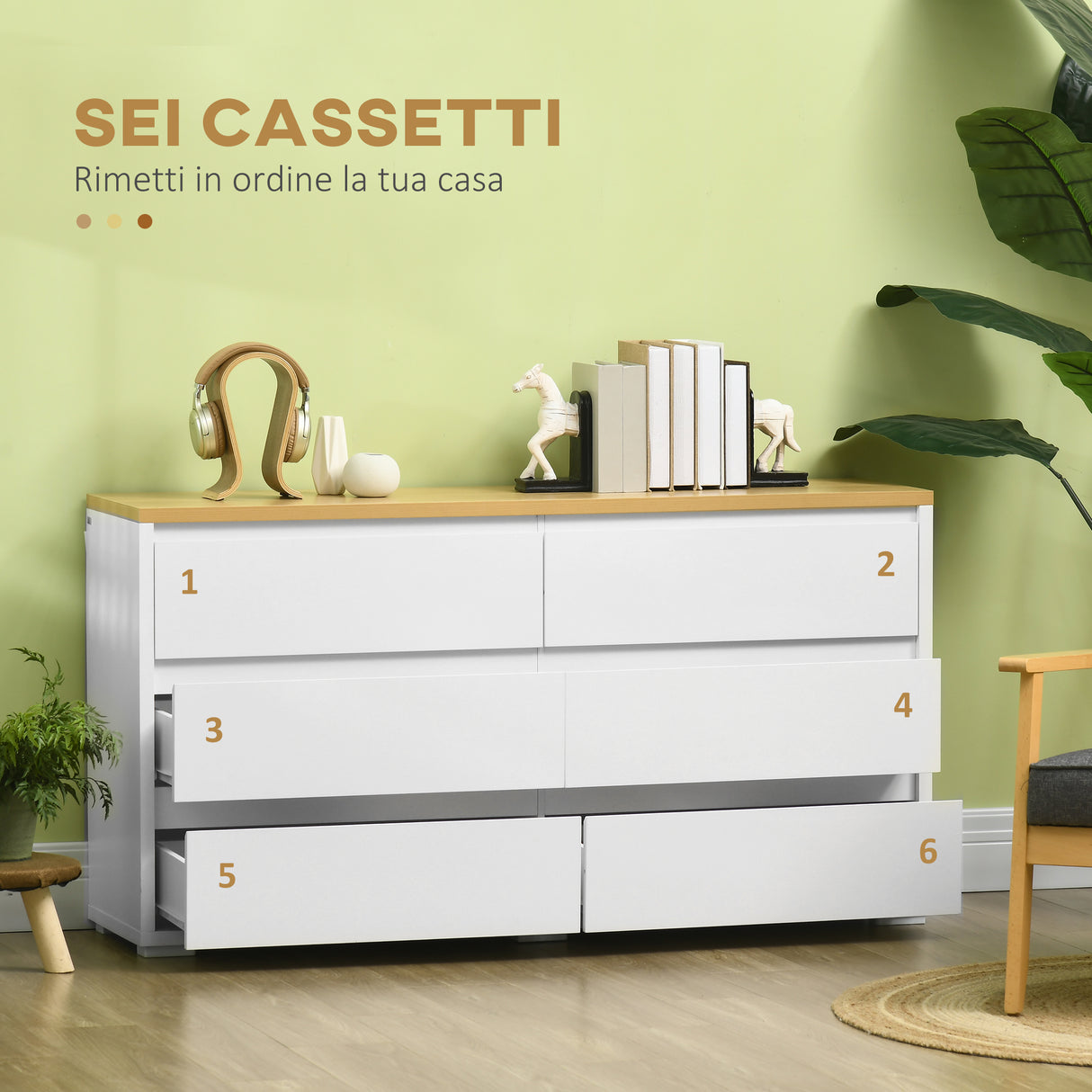 easycomfort easycomfort cassettiera 6 cassetti moderna in truciolato per camera da letto e ingresso 140x37x75cm bianco e color legno
