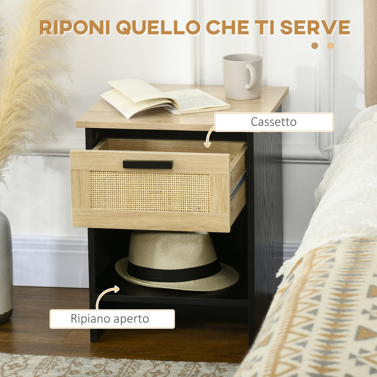easycomfort easycomfort comodino stile boho chic in legno e rattan con cassetto e ripiano 40x40x50cm nero e naturale