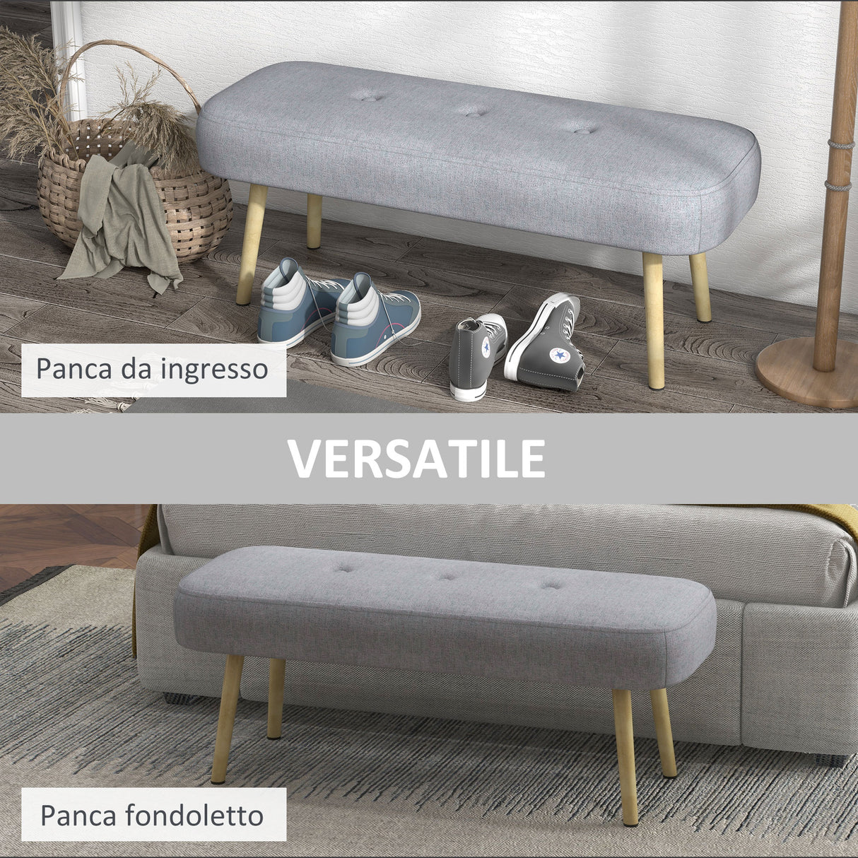 easycomfort easycomfort panca imbottita fondo letto in tessuto con gambe in acciaio effetto legno 114x38x45cm grigio