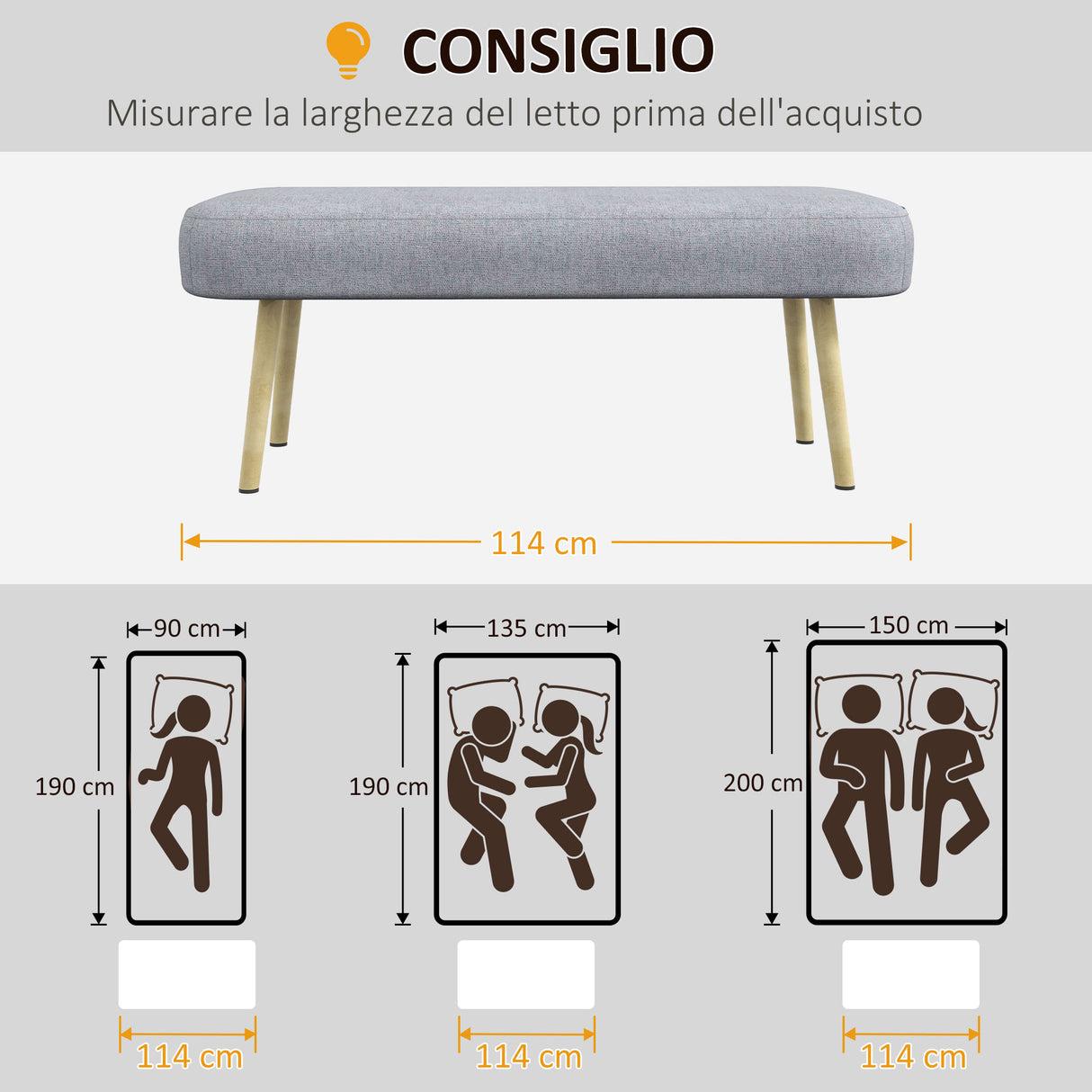 easycomfort easycomfort panca imbottita fondo letto in tessuto con gambe in acciaio effetto legno 114x38x45cm grigio