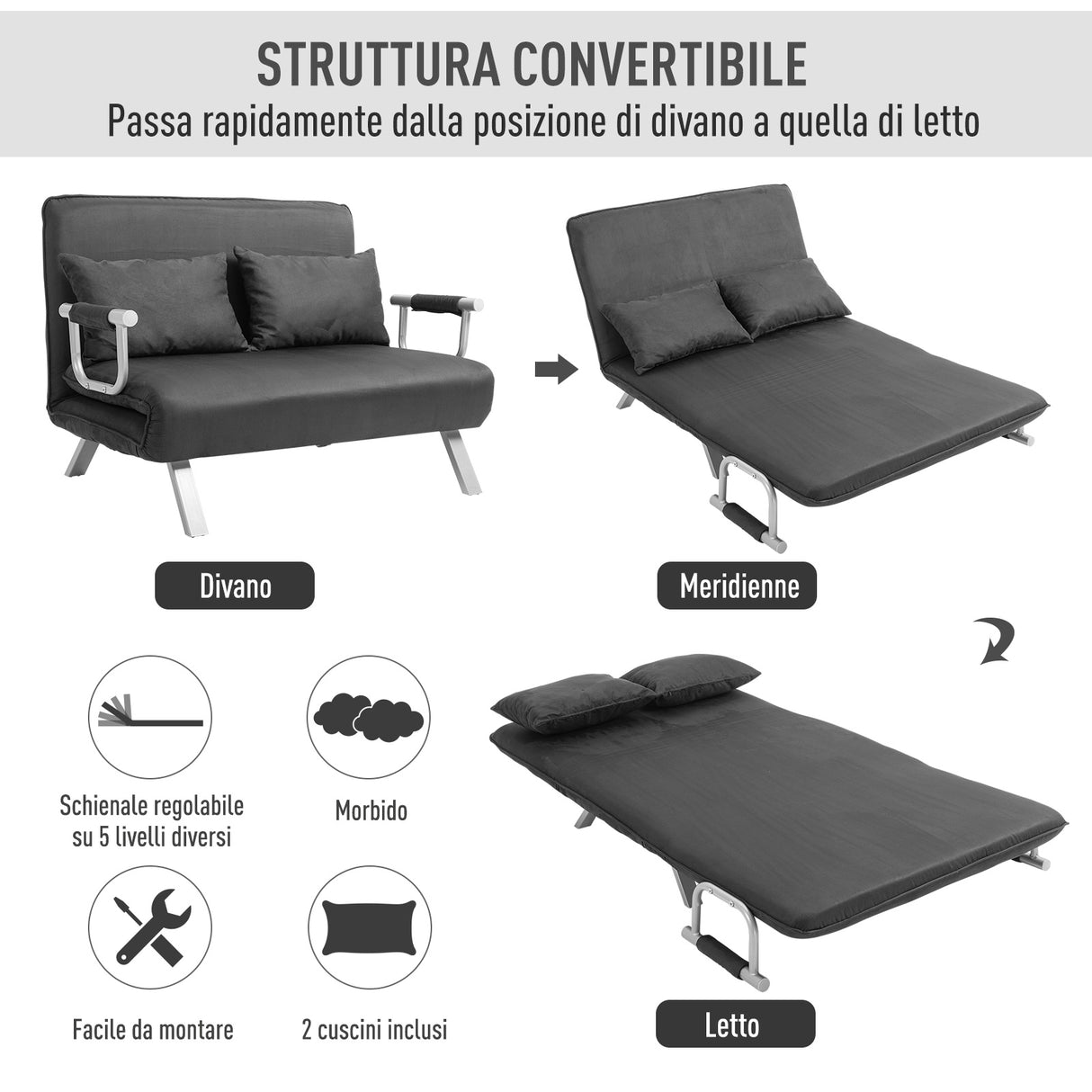 easycomfort easycomfort divano letto singolo in similpelle e acciaio con seduta regolabile in 5 posizioni 105x80x78 cm grigio