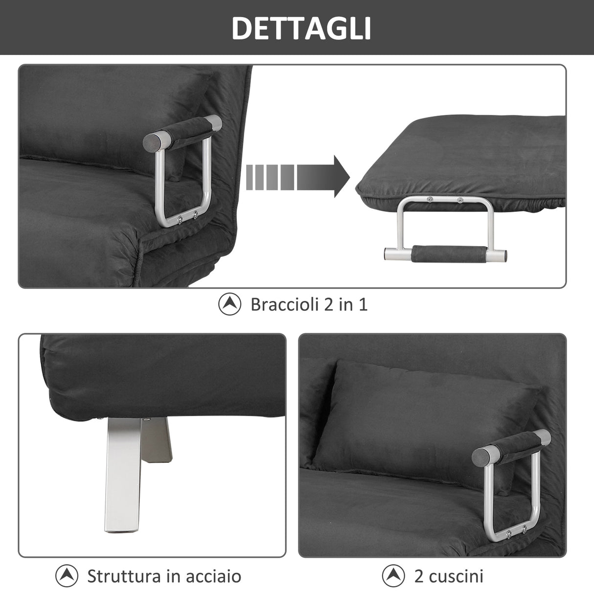 easycomfort easycomfort divano letto singolo in similpelle e acciaio con seduta regolabile in 5 posizioni 105x80x78 cm grigio