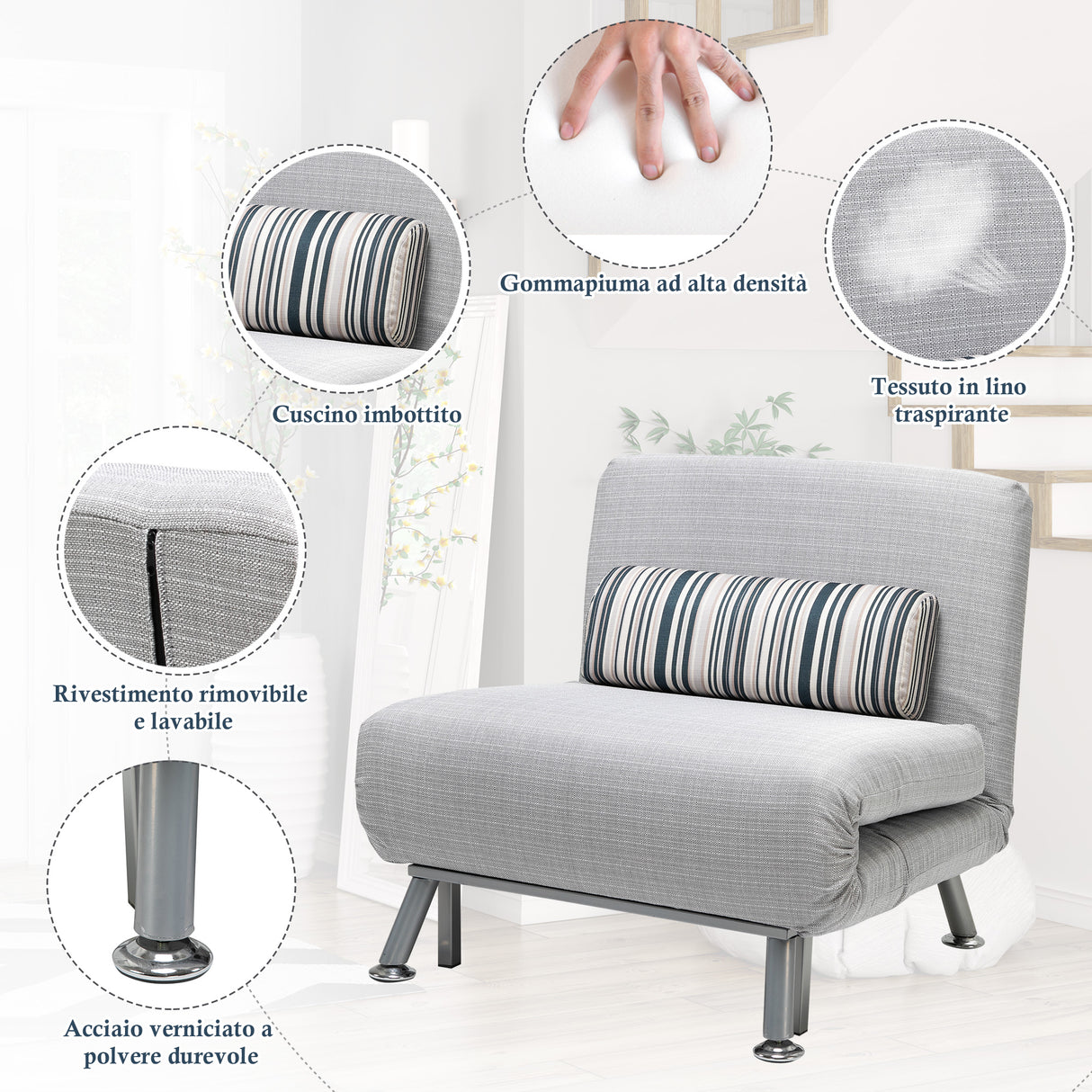 easycomfort easycomfort poltrona letto in ferro e cotone con cuscino a righe 75 x 70 x 75cm grigio ean 8055776914640