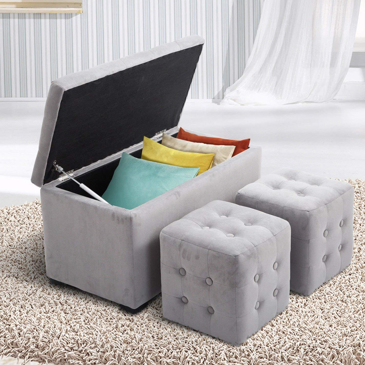 easycomfort easycomfort cassapanca portaoggetti multiuso con 2 sgabelli pouf in velluto grigio perla ean 8055776914008