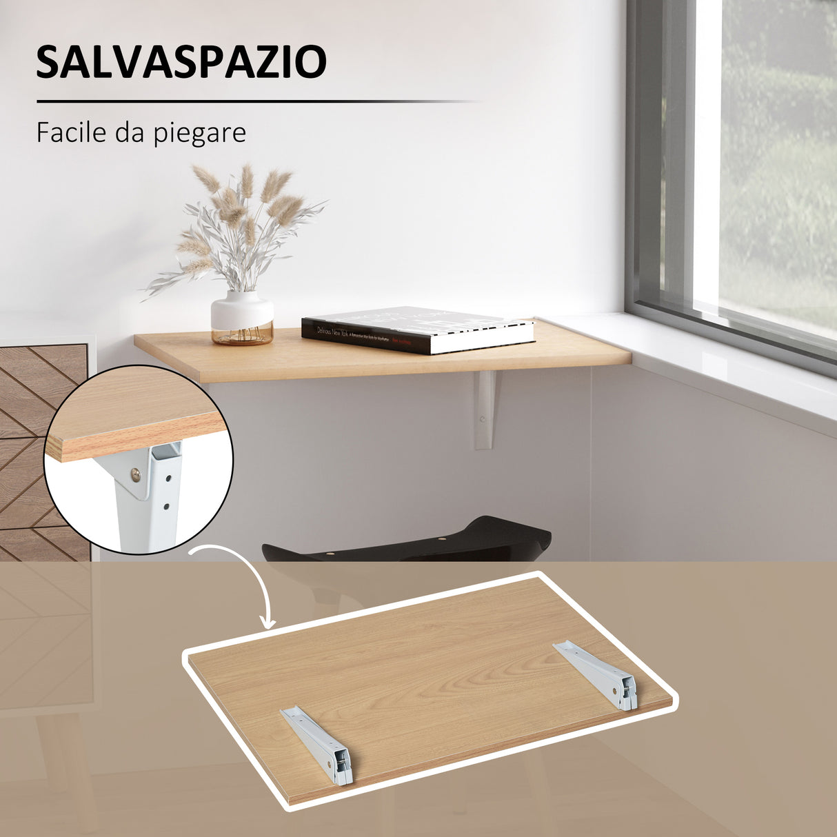 easycomfort easycomfort tavolino a muro pieghevole salvaspazio in mdf e telaio in metallo color legno 60x40x20cm