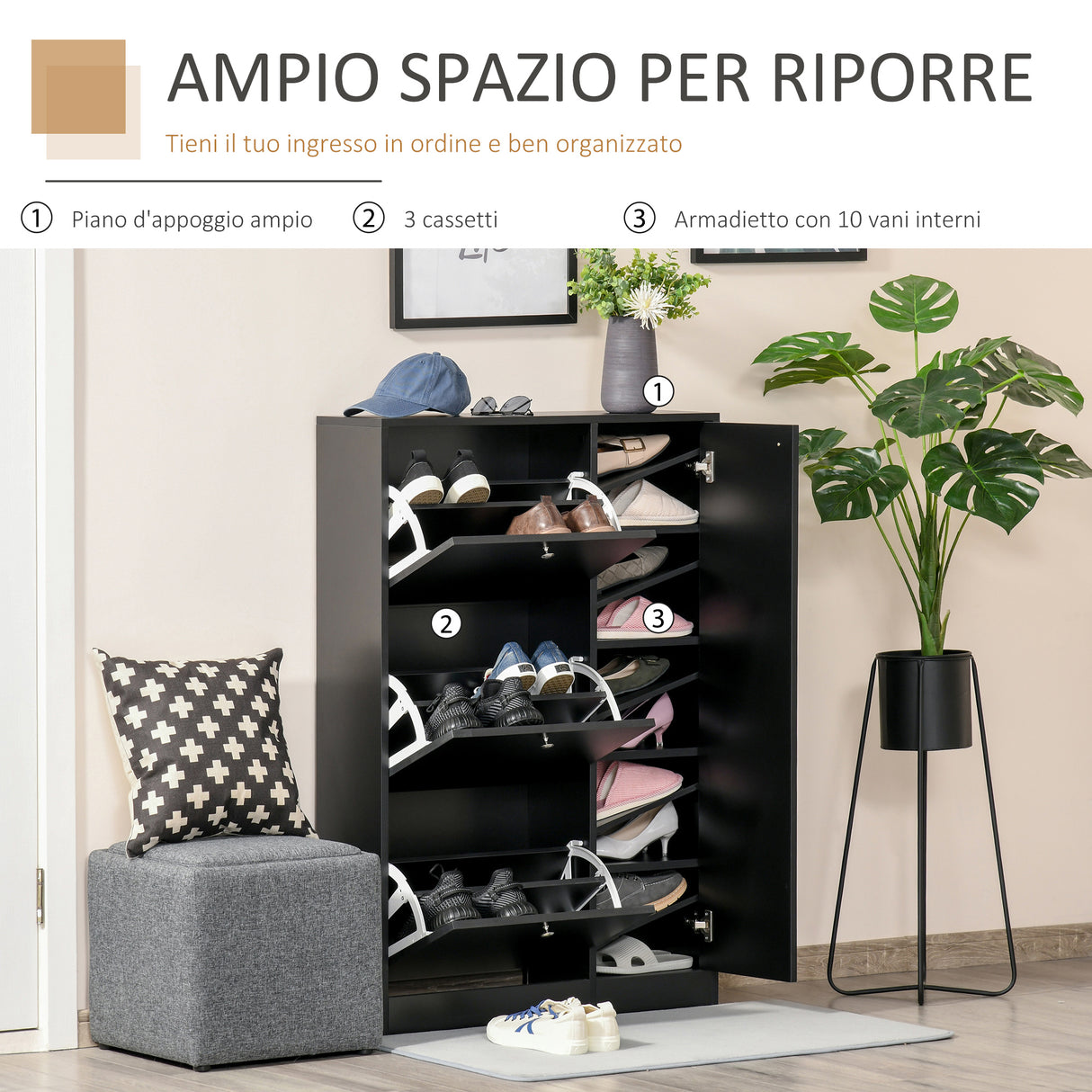 easycomfort easycomfort scarpiera salvaspazio mobile da ingresso porta scarpe moderna in legno nero 8 scomparti 80x24x120cm ean 8054111844451
