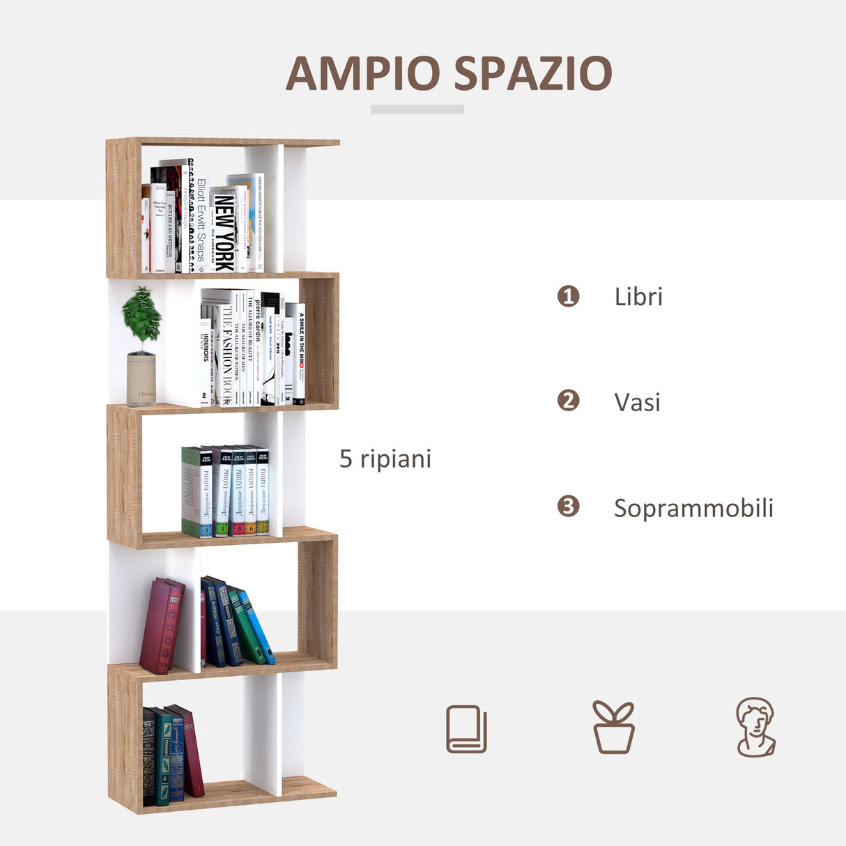 easycomfort easycomfort libreria da muro moderna 5 ripiani in legno bianco 60x24x184 5cm ean 8054111846806