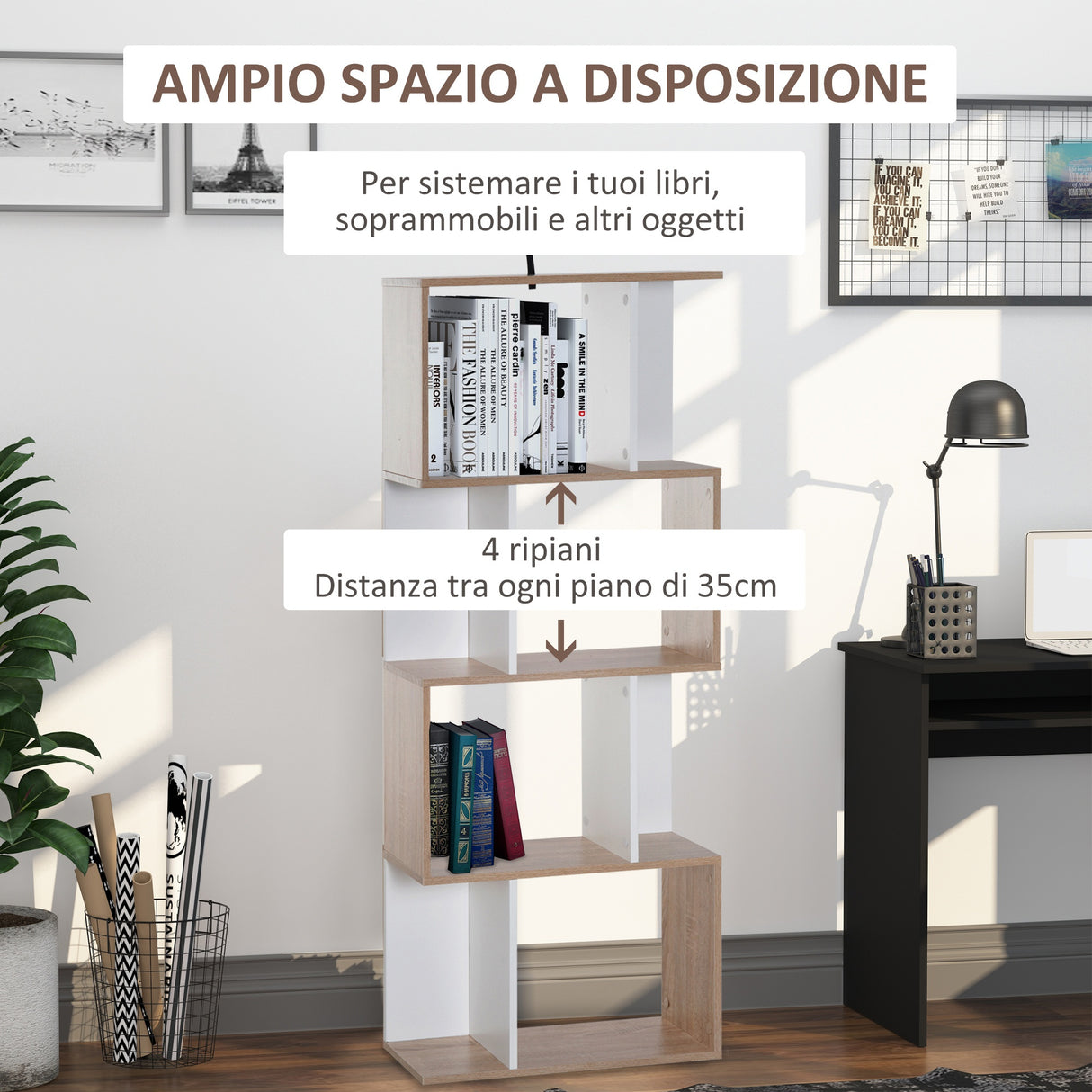 easycomfort easycomfort libreria di design moderno 4 ripiani legno naturale e bianco 60x24x148cm ean 8054111844291
