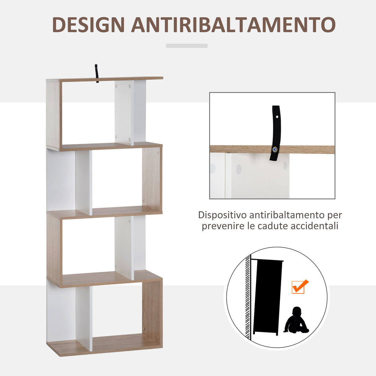 easycomfort easycomfort libreria di design moderno 4 ripiani legno naturale e bianco 60x24x148cm ean 8054111844291