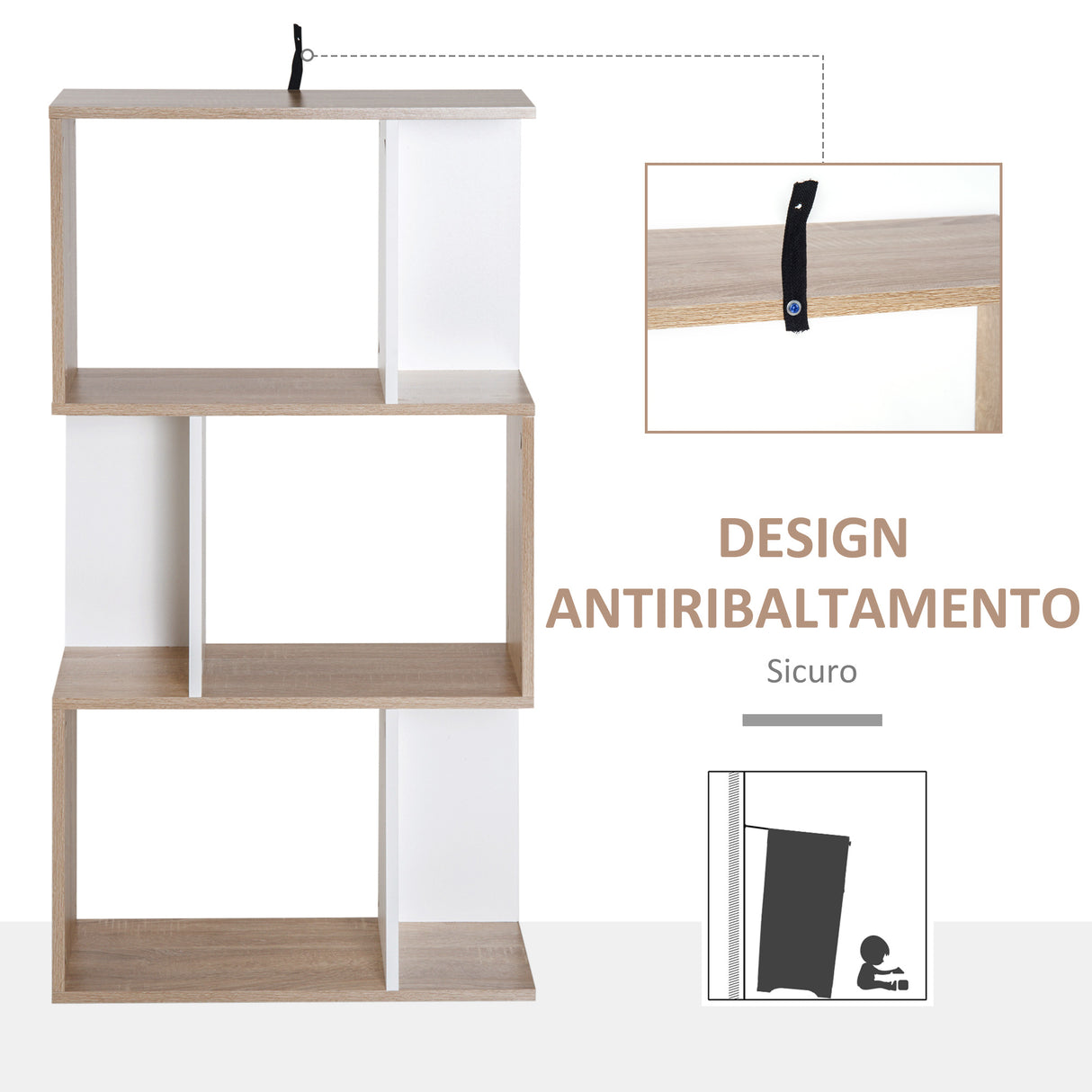 easycomfort easycomfort libreria da parete moderna con 3 ripiani legno naturale e bianco 60x24x111.4cm ean 8054111841740