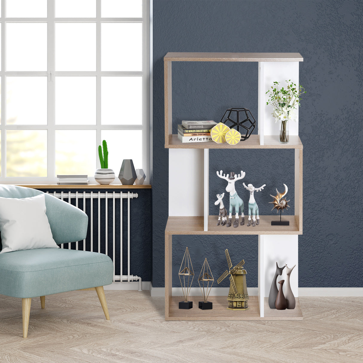 easycomfort easycomfort libreria da parete moderna con 3 ripiani legno naturale e bianco 60x24x111.4cm ean 8054111841740