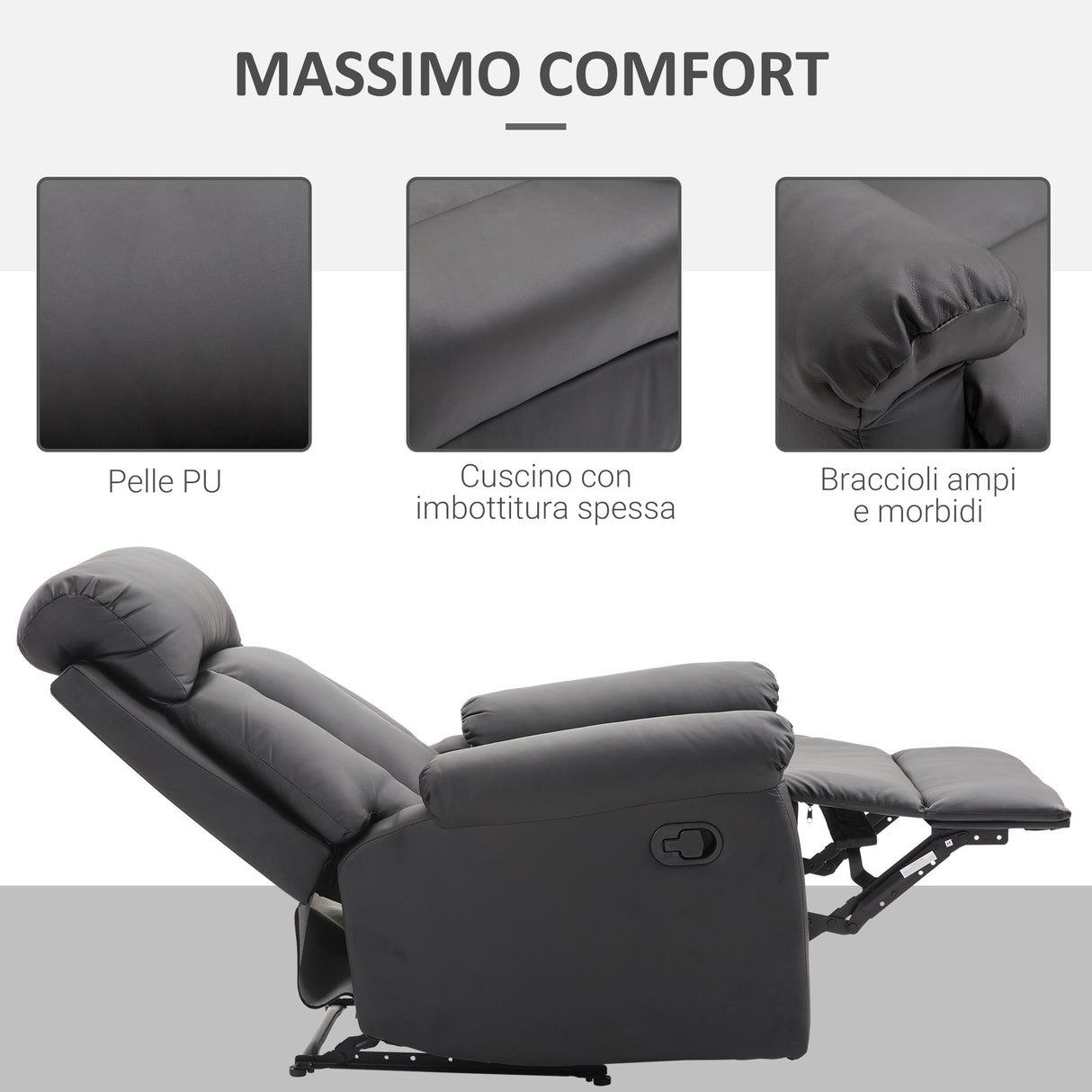 easycomfort easycomfort poltrona relax reclinabile imbottita ergonomica con poggiapiedi ecopelle 80 97 107cm nero ean 8055776912912