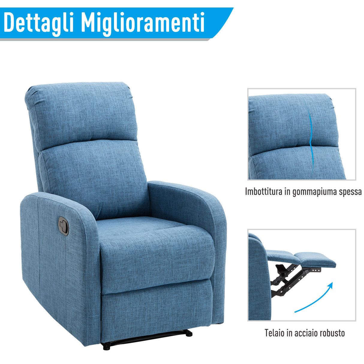 easycomfort easycomfort poltrona relax reclinabile manuale con poggiapiedi portata 125kg tessuto blu 66 83 107cm ean 8055776912165