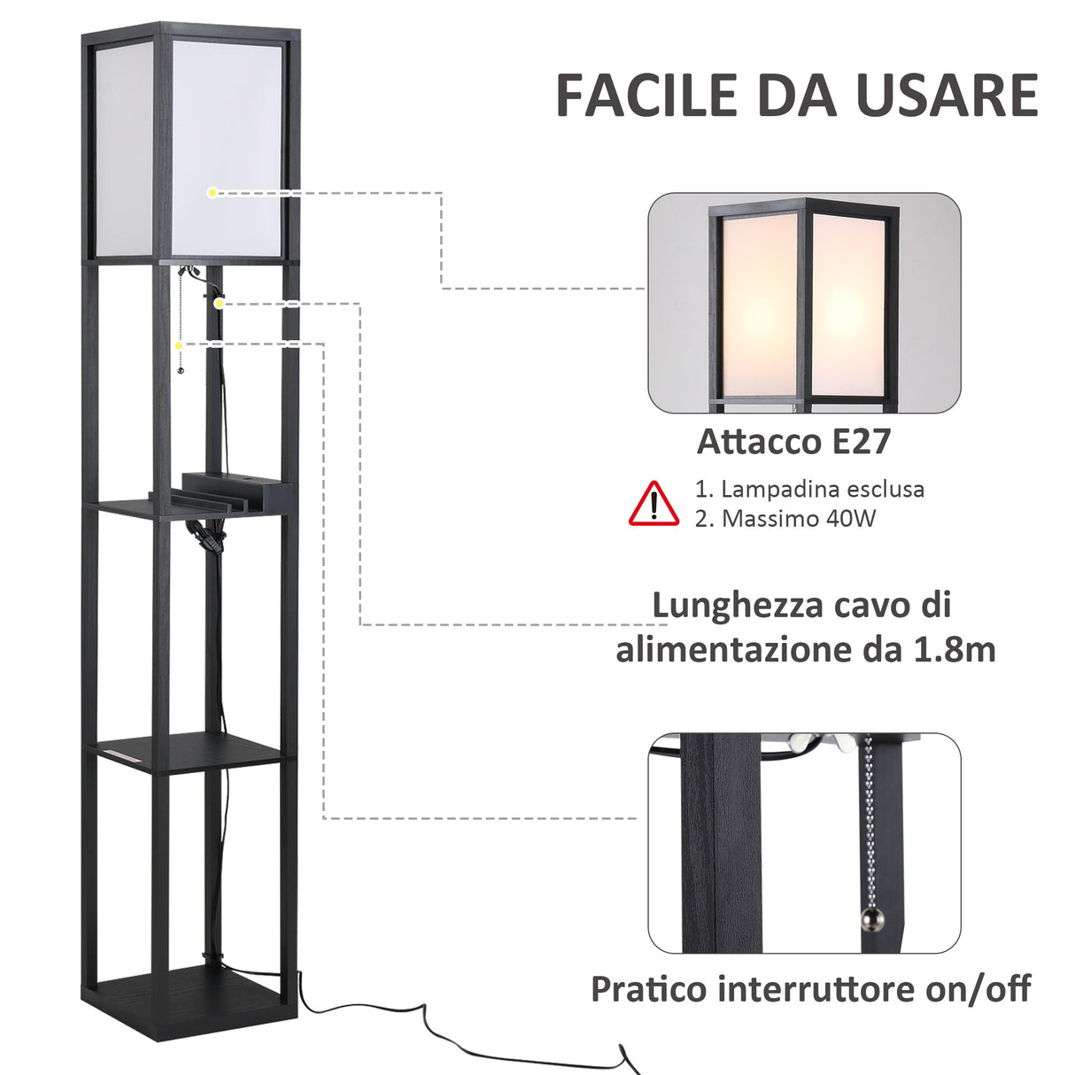 easycomfort easycomfort lampada da terra design elegante con 3 mensole e 2 porte usb paralume 39cm lampadine e27 nero 26 x 26 x 160cm ean 8054144133096