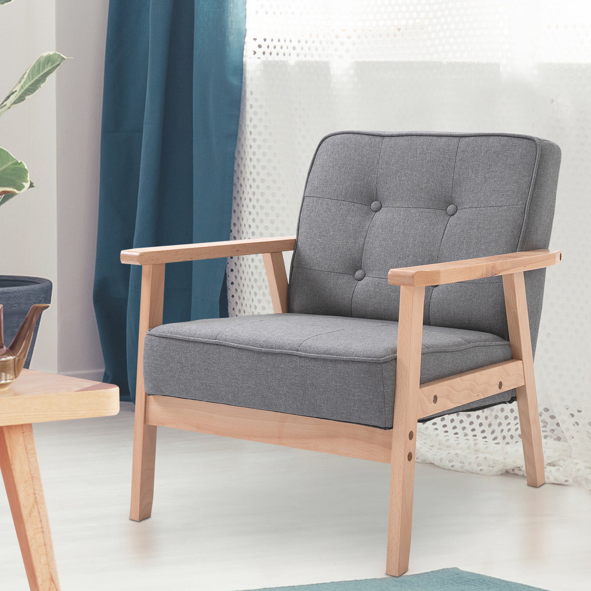easycomfort easycomfort poltrona stile nordico retro in legno con rivestimento in lino grigio chiaro ean 8055776913322