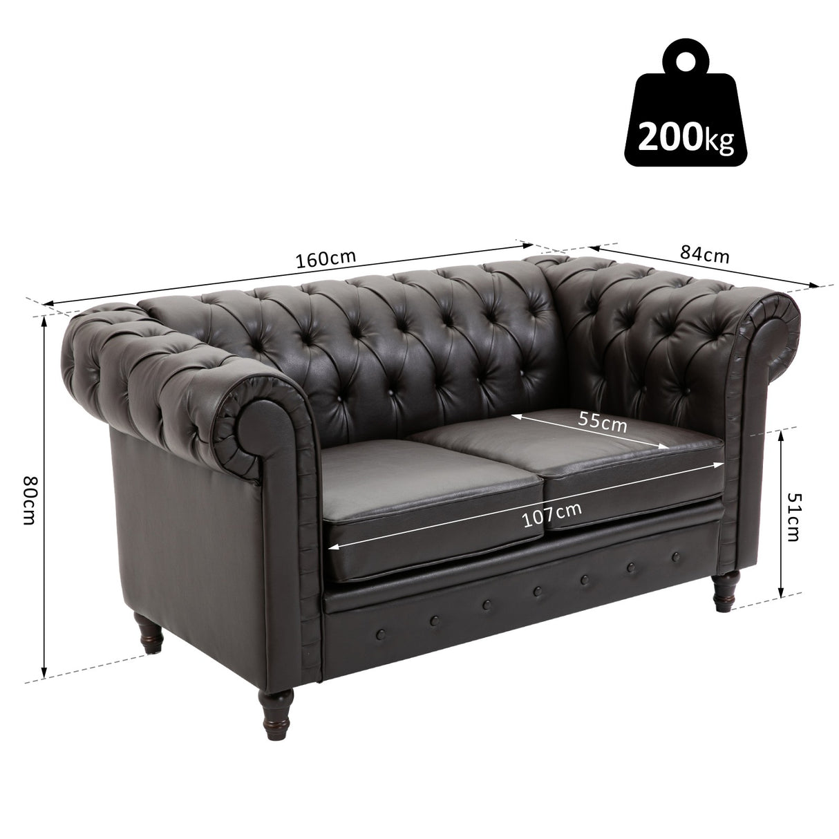 easycomfort easycomfort divano chesterfield due posti trapuntato in ecopelle marrone scuro 160 x 84 x 80 cm