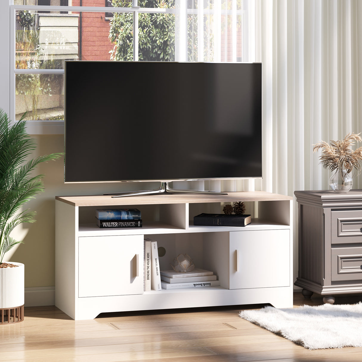 easycomfort easycomfort mobile tv con 3 scomparti aperti 2 armadietti e piano dappoggio mobile per tv fino a 50 in truciolato 105x40x52cm bianco e legno