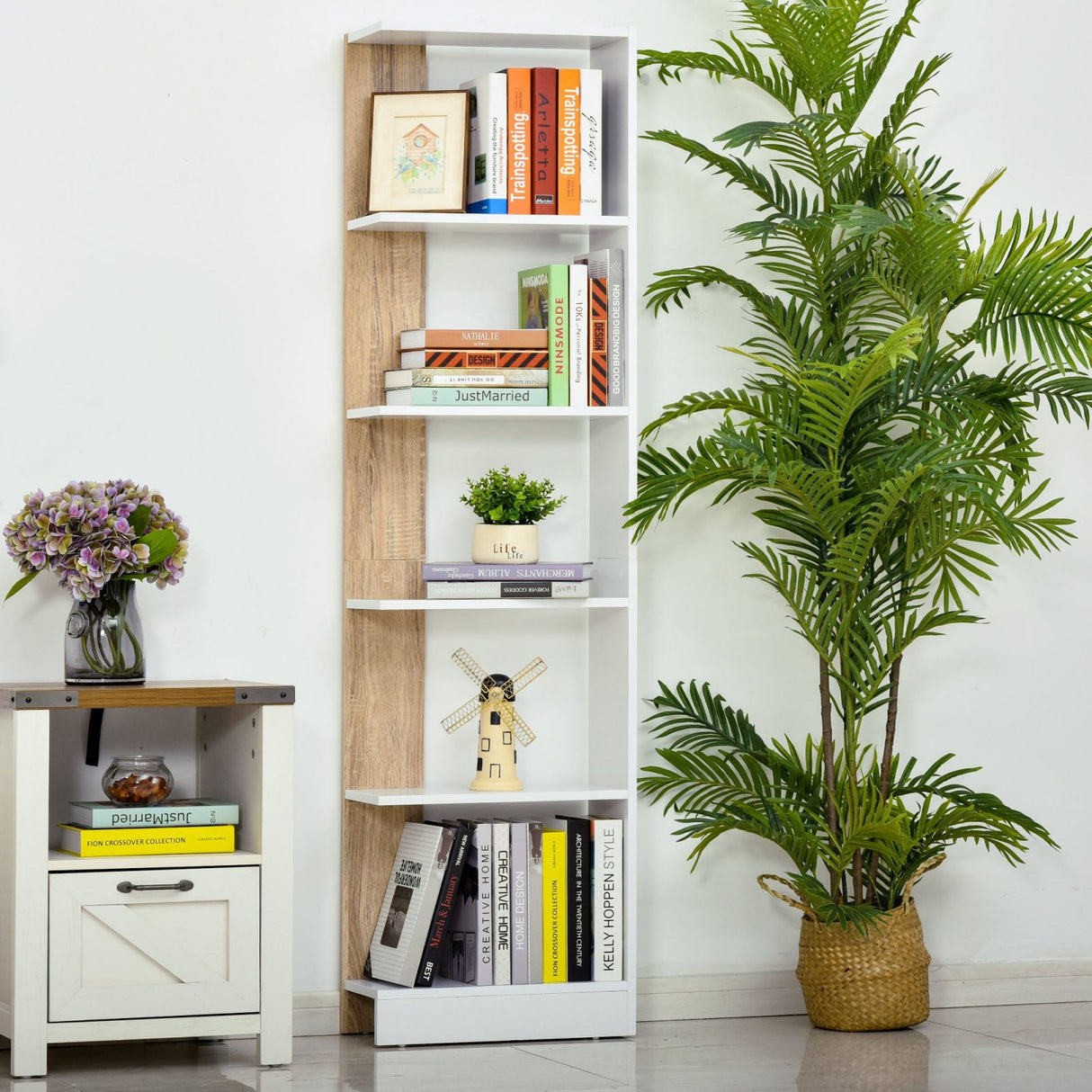 easycomfort easycomfort scaffale libreria a parete in legno color rovere e bianco con 5 ripiani ean 8054111845434