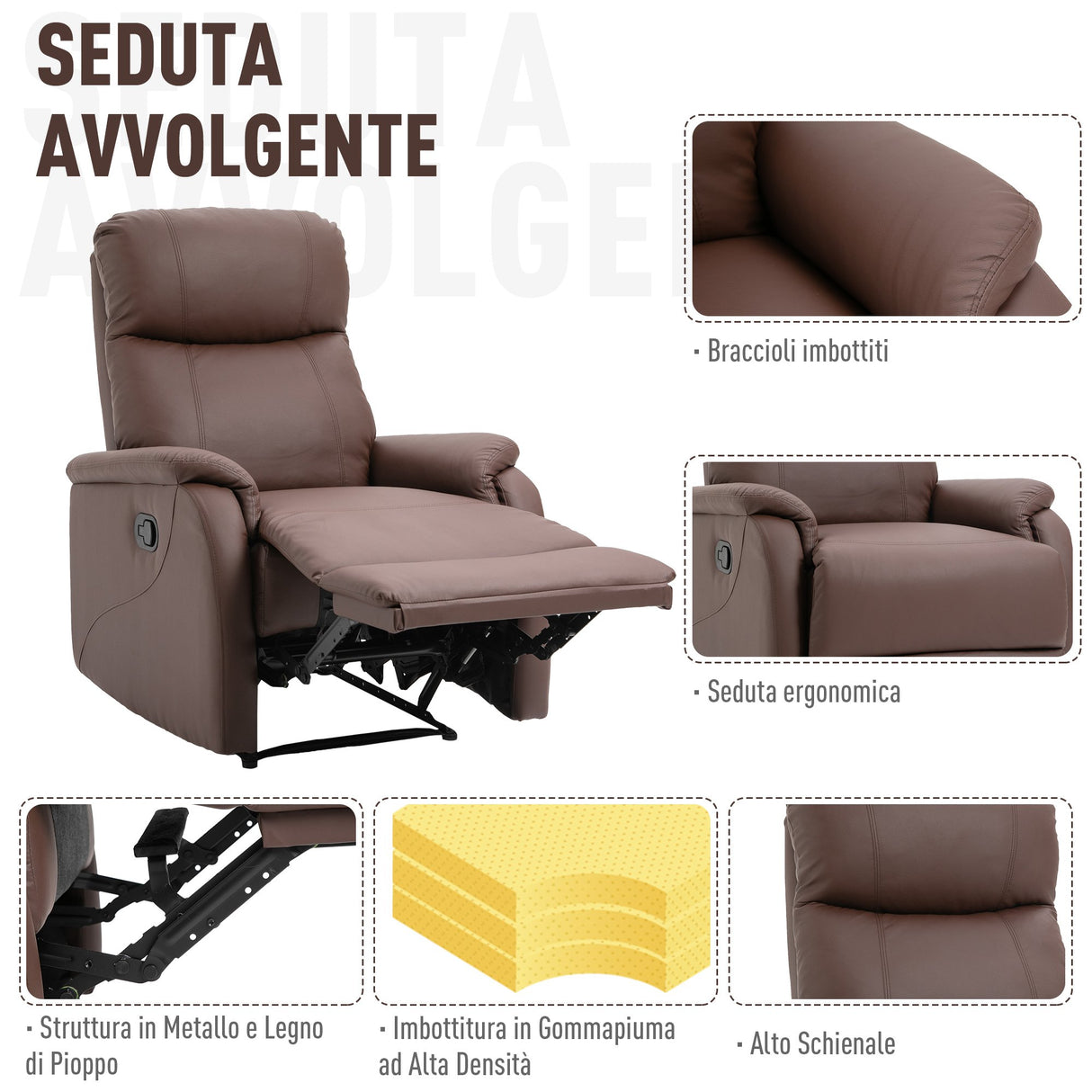 easycomfort easycomfort poltrona relax manuale con schienale reclinabile e poggiapiedi in similpelle marrone ean 8054144131764