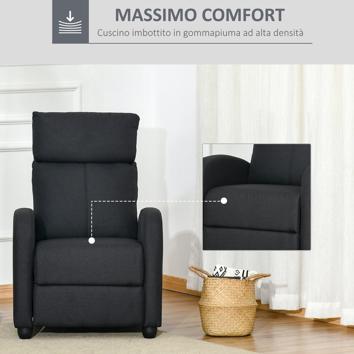 easycomfort easycomfort poltrona relax imbottita con schienale reclinabile e poggiapiedi estraibile in tessuto nero ean 8054144138404
