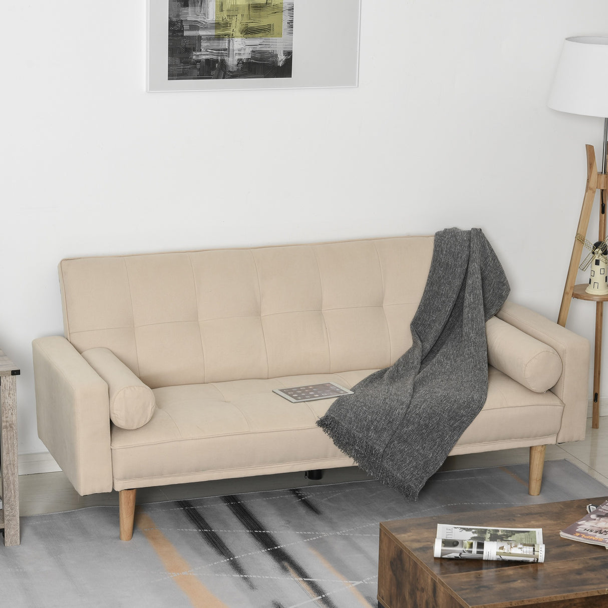 easycomfort easycomfort divano letto 3 posti con schienale regolabile su 3 livelli 2 cuscini e braccioli rimovibili beige 185x84x85cm