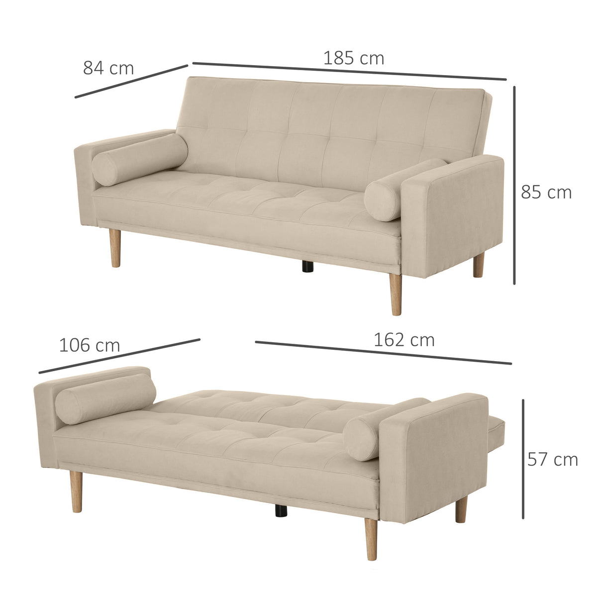 easycomfort easycomfort divano letto 3 posti con schienale regolabile su 3 livelli 2 cuscini e braccioli rimovibili beige 185x84x85cm