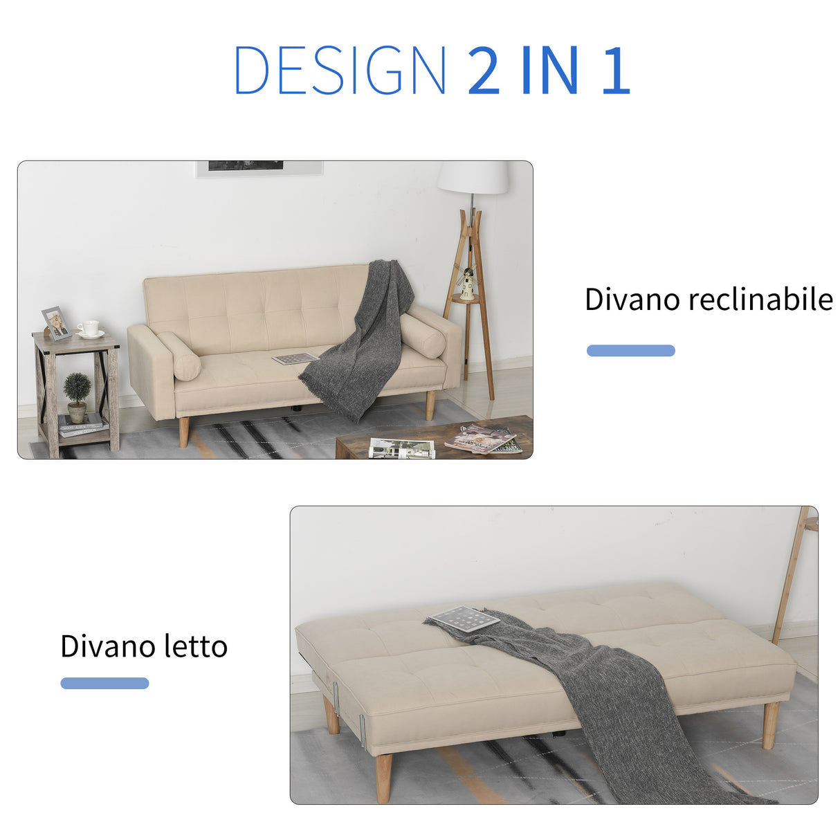 easycomfort easycomfort divano letto 3 posti con schienale regolabile su 3 livelli 2 cuscini e braccioli rimovibili beige 185x84x85cm