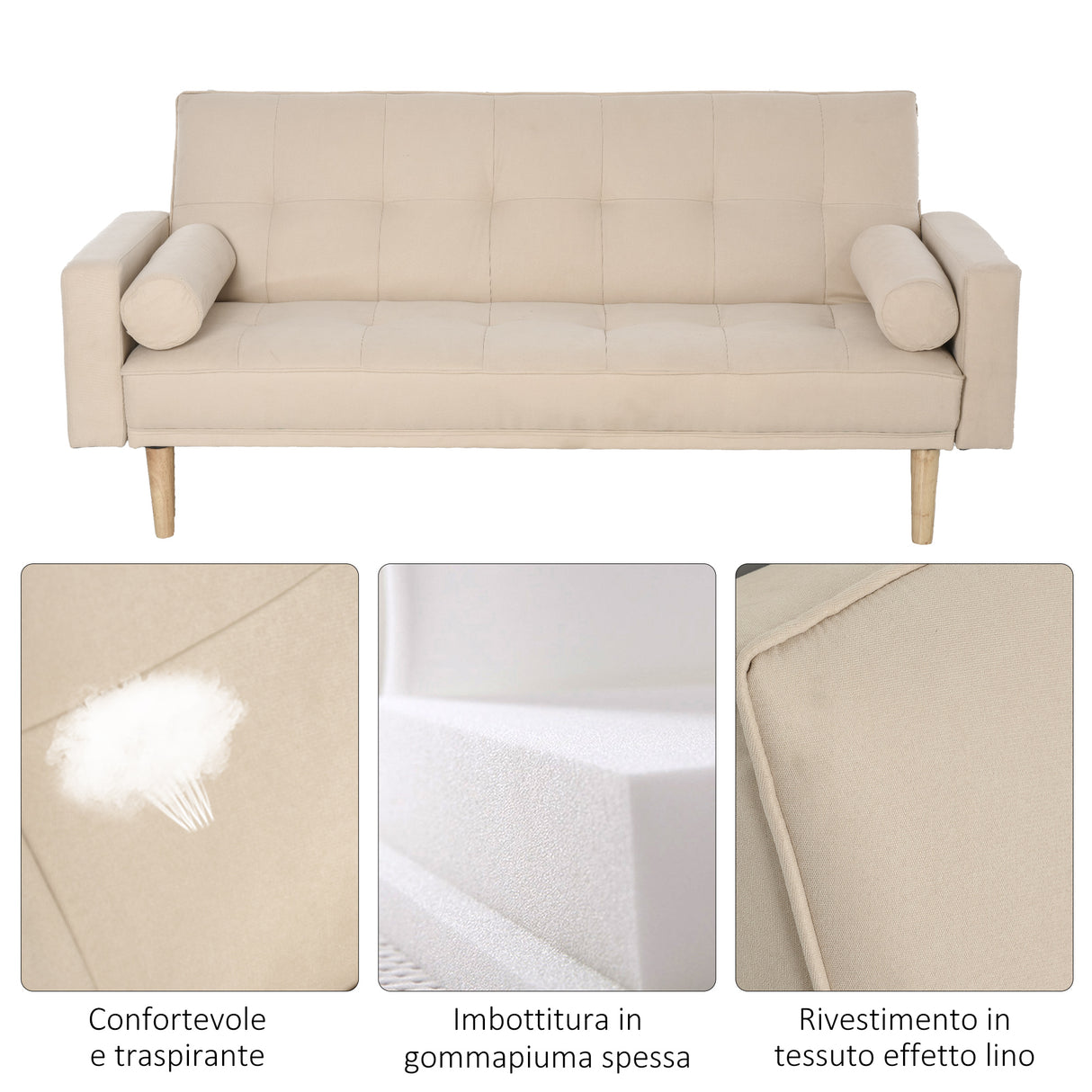 easycomfort easycomfort divano letto 3 posti con schienale regolabile su 3 livelli 2 cuscini e braccioli rimovibili beige 185x84x85cm