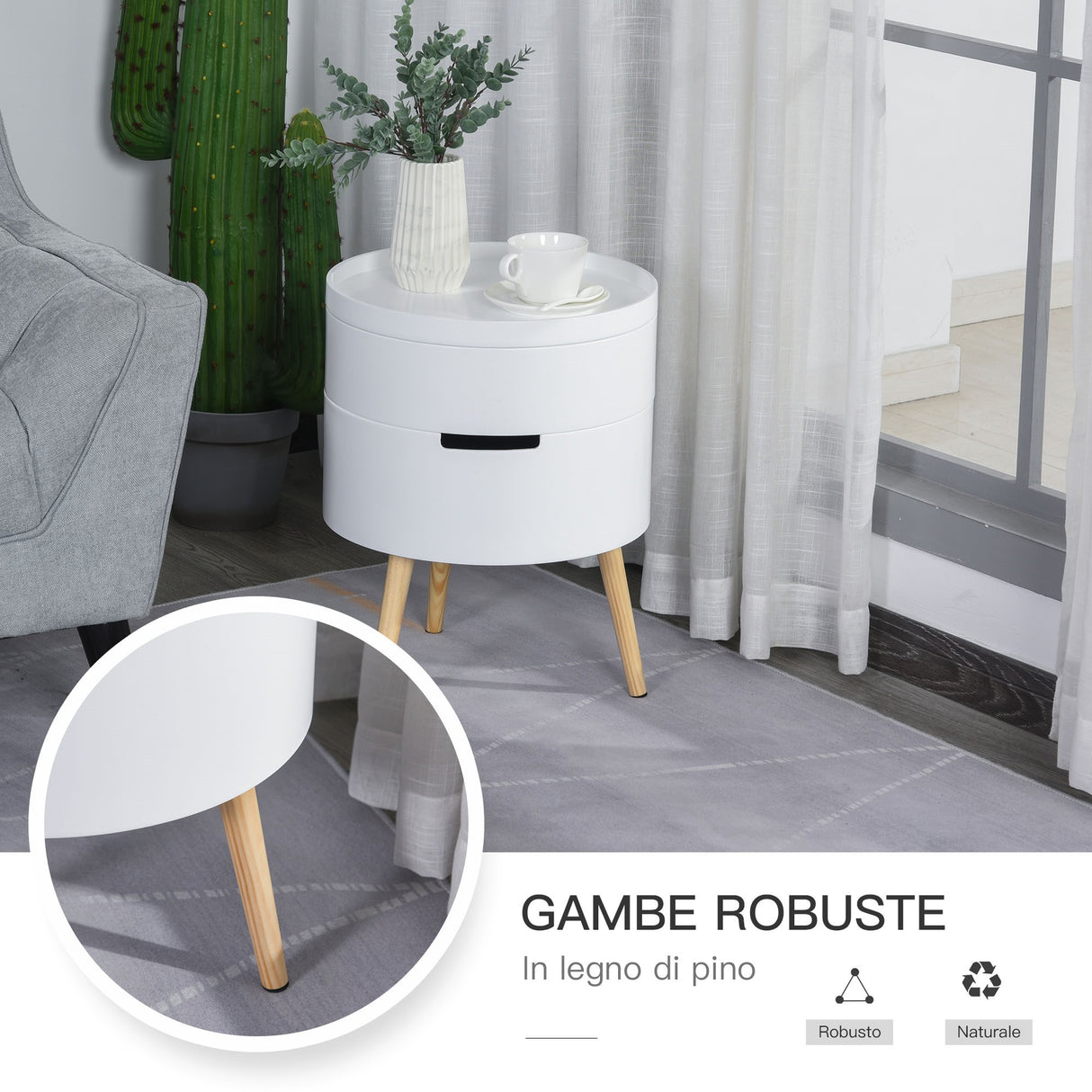 easycomfort easycomfort tavolino da caffe rotondo con apertura a rotazione e vassoio rimovibile in legno bianco ean 8054144134604