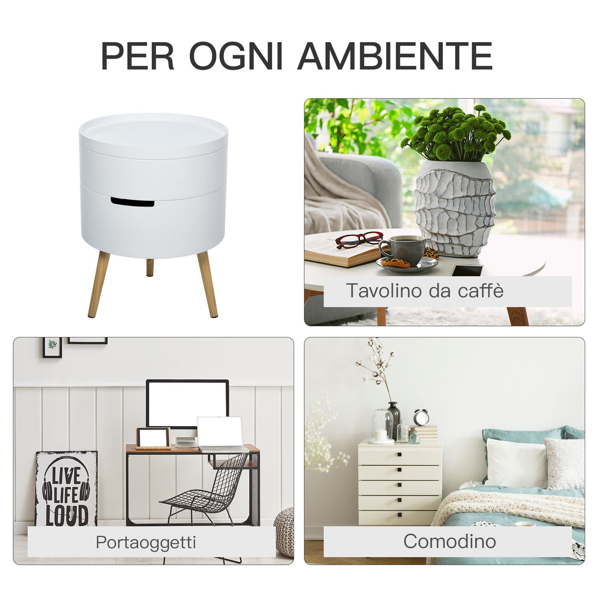 easycomfort easycomfort tavolino da caffe rotondo con apertura a rotazione e vassoio rimovibile in legno bianco ean 8054144134604