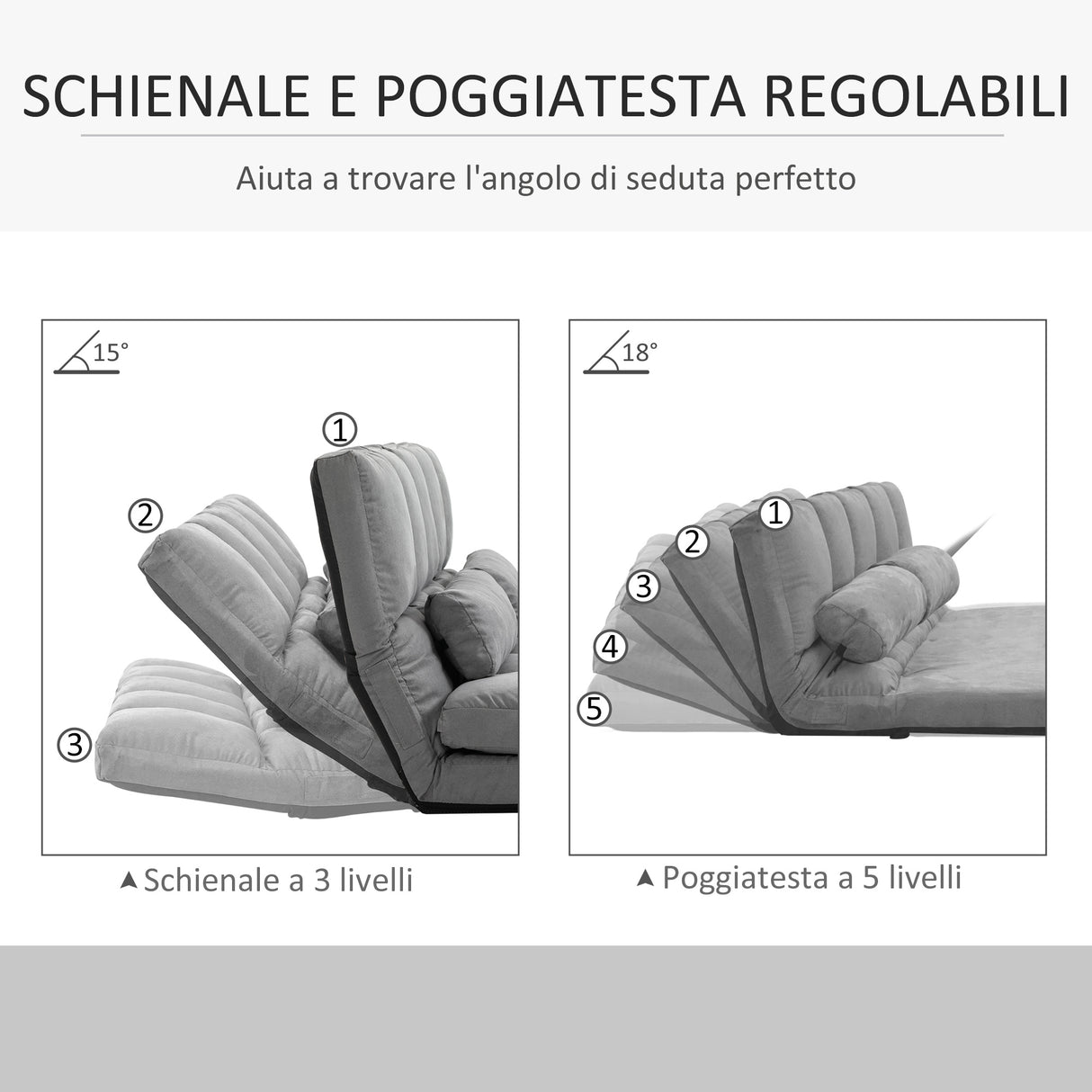 easycomfort easycomfort divano da terra pieghevole schienale reclinabile su 7 livelli e cuscini 130x73x60cm grigio chiaro ean 8055776914688