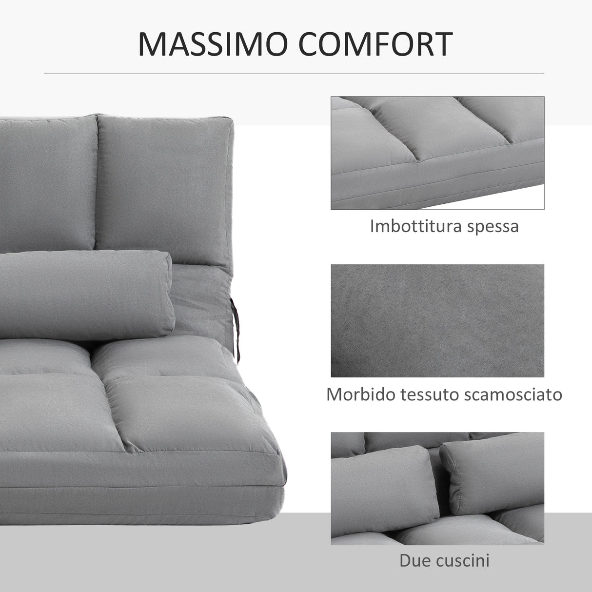 easycomfort easycomfort divano da terra pieghevole schienale reclinabile su 7 livelli e cuscini 130x73x60cm grigio chiaro ean 8055776914688