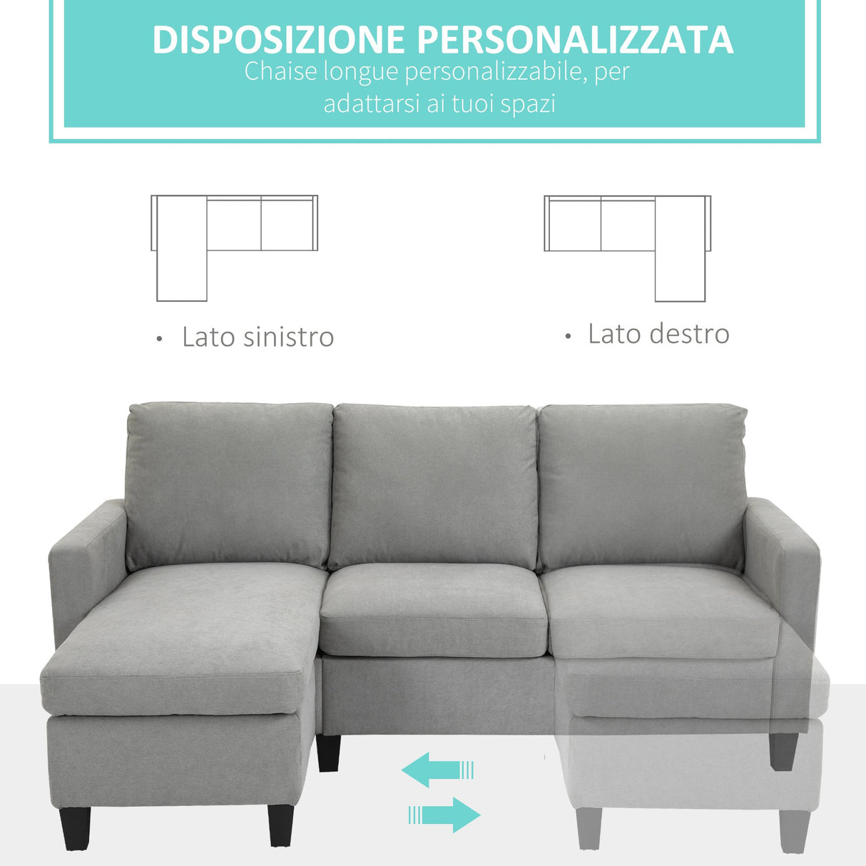 easycomfort easycomfort divano angolare componibile 3 posti con penisola reversibile in tessuto grigio chiaro
