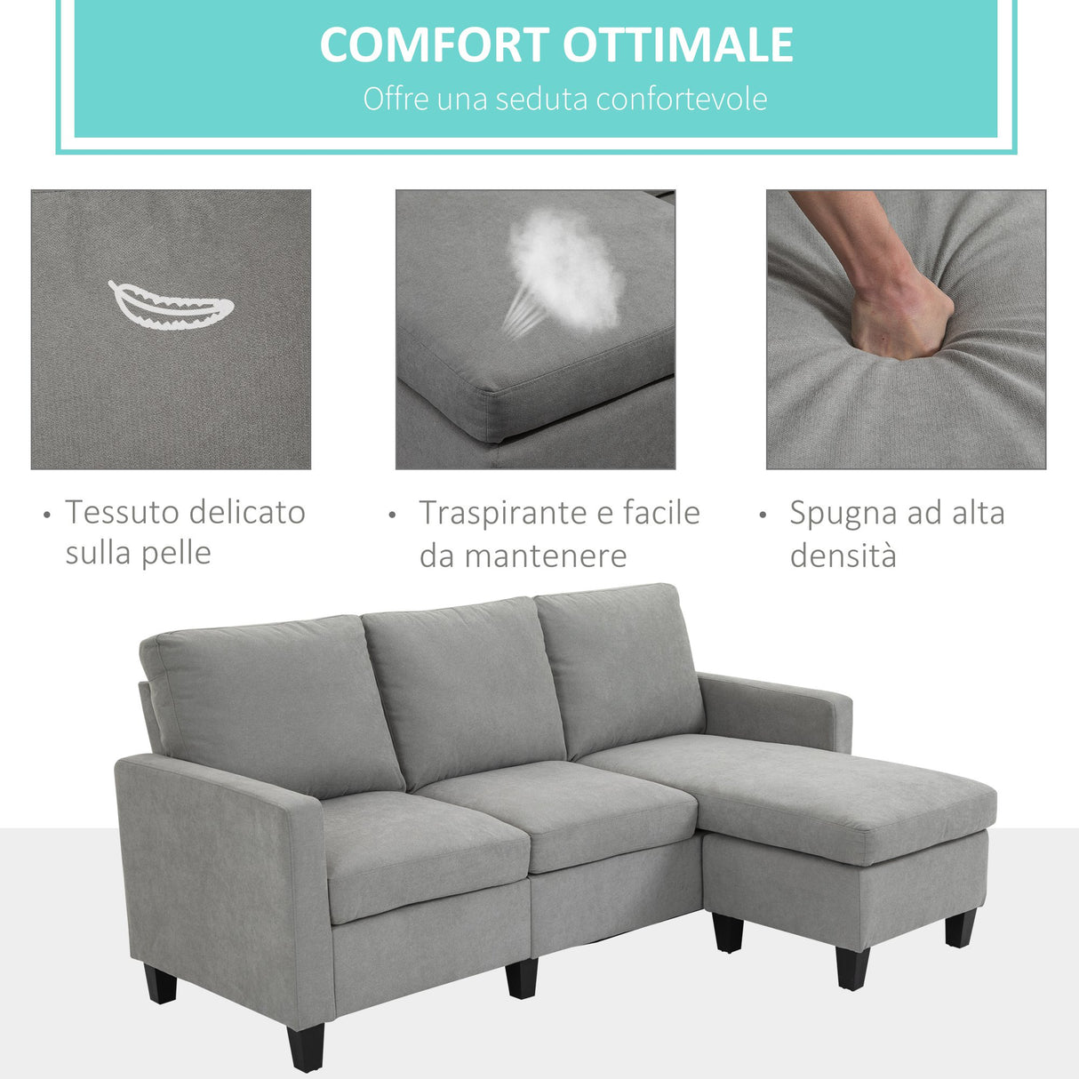 easycomfort easycomfort divano angolare componibile 3 posti con penisola reversibile in tessuto grigio chiaro