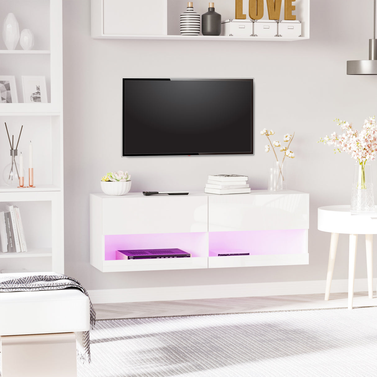 easycomfort easycomfort mobile tv sospeso in legno con luci led di 20 colori per tv max. 42 bianco lucido