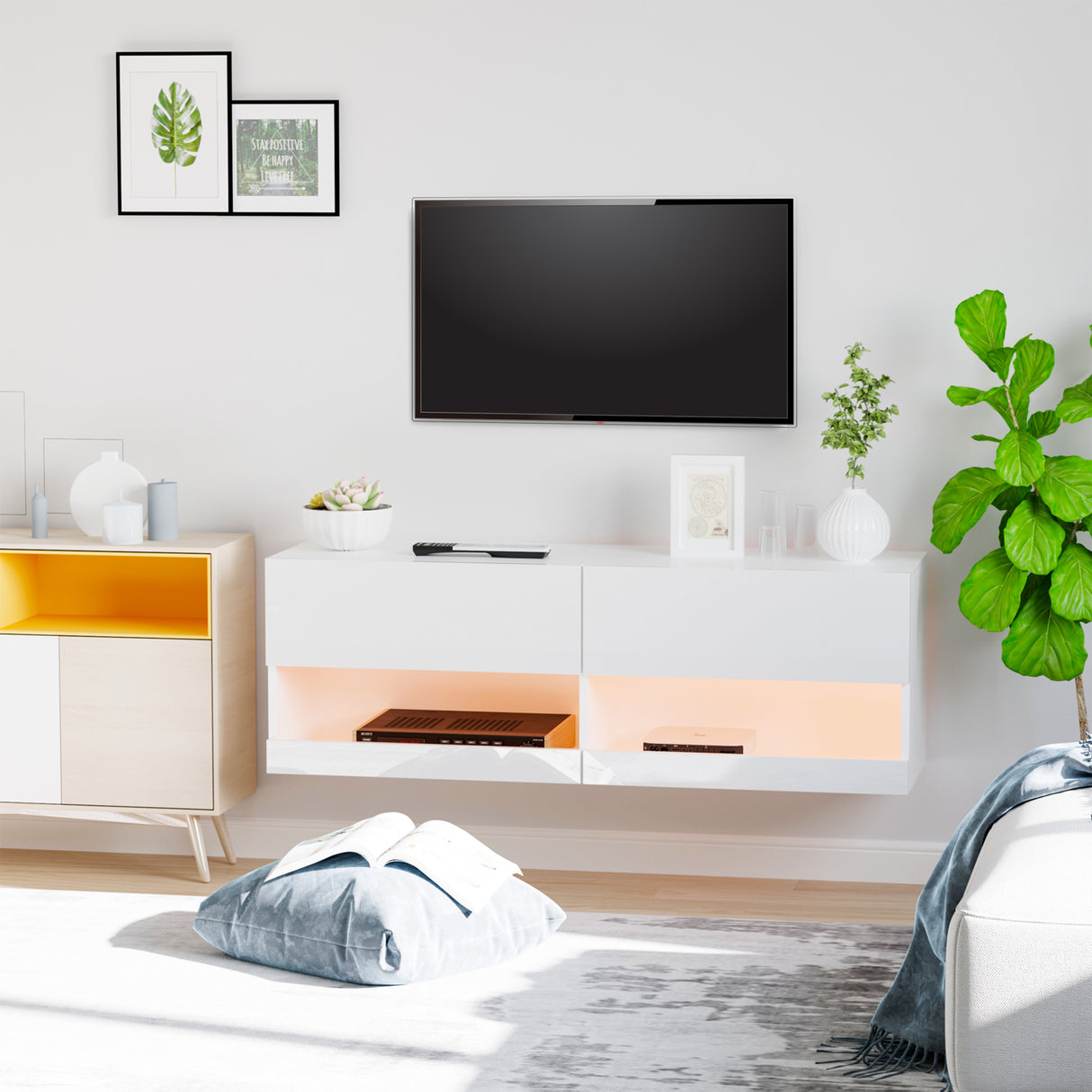 easycomfort easycomfort mobile tv sospeso in legno con luci led di 20 colori per tv max. 42 bianco lucido