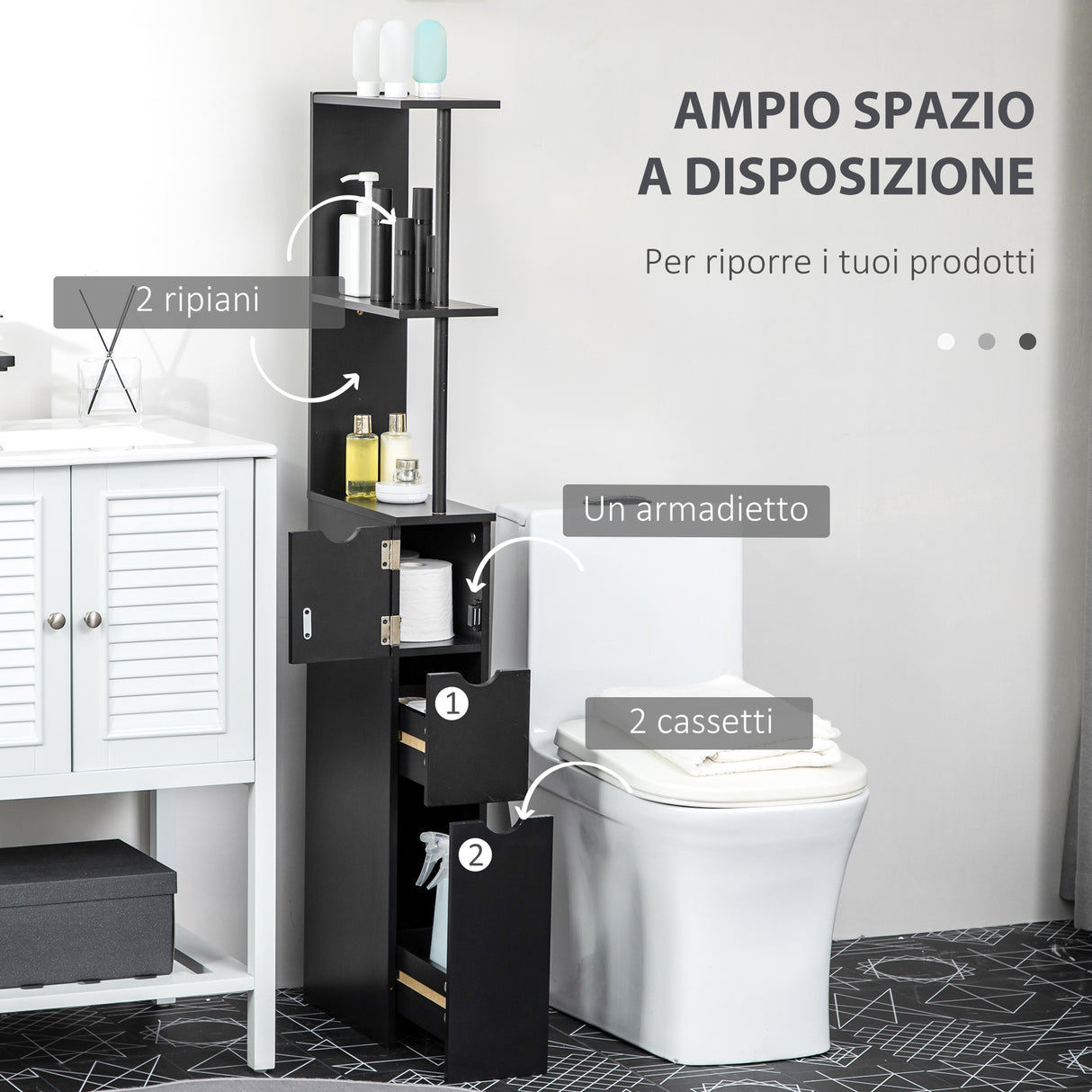 easycomfort easycomfort mobile colonna salvaspazio in legno con ripiani armadietto e cassetti nero 15x33x136cm