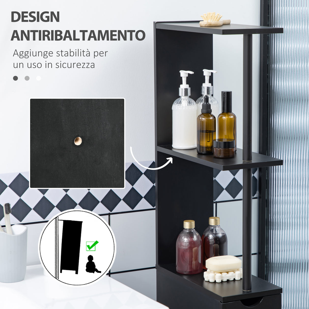 easycomfort easycomfort mobile colonna salvaspazio in legno con ripiani armadietto e cassetti nero 15x33x136cm