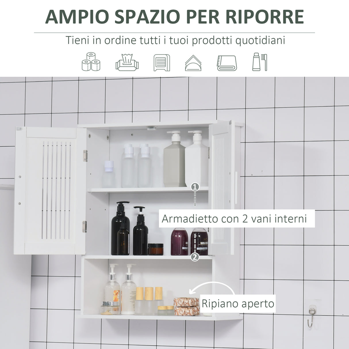 easycomfort easycomfort mobiletto da bagno a muro salvaspazio con armadietto e ripiano 60x20x70cm bianco